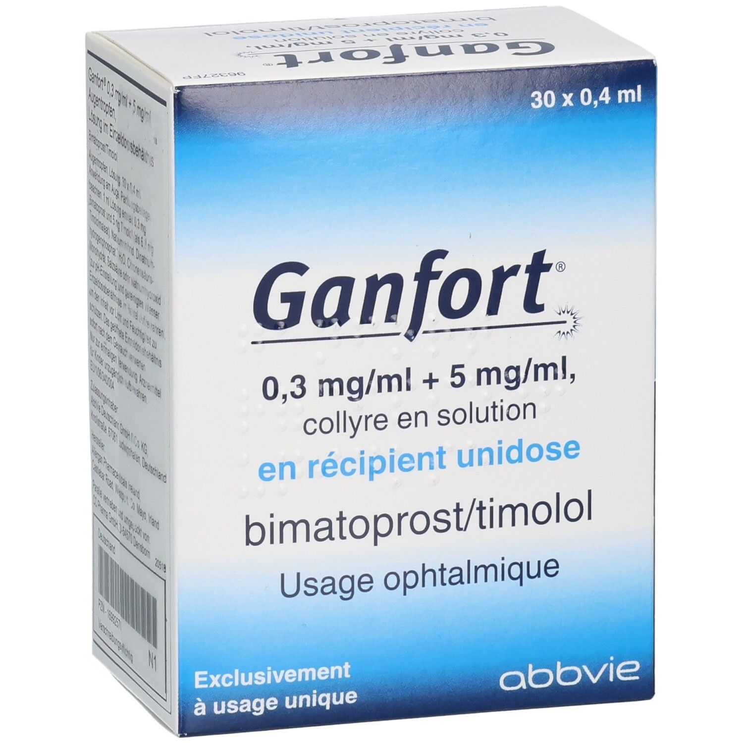 Ganfort Augentropfen Verpackung, schräg von vorne. Enthält 30 x 0,4 ml Einzeldosisbehälter.
