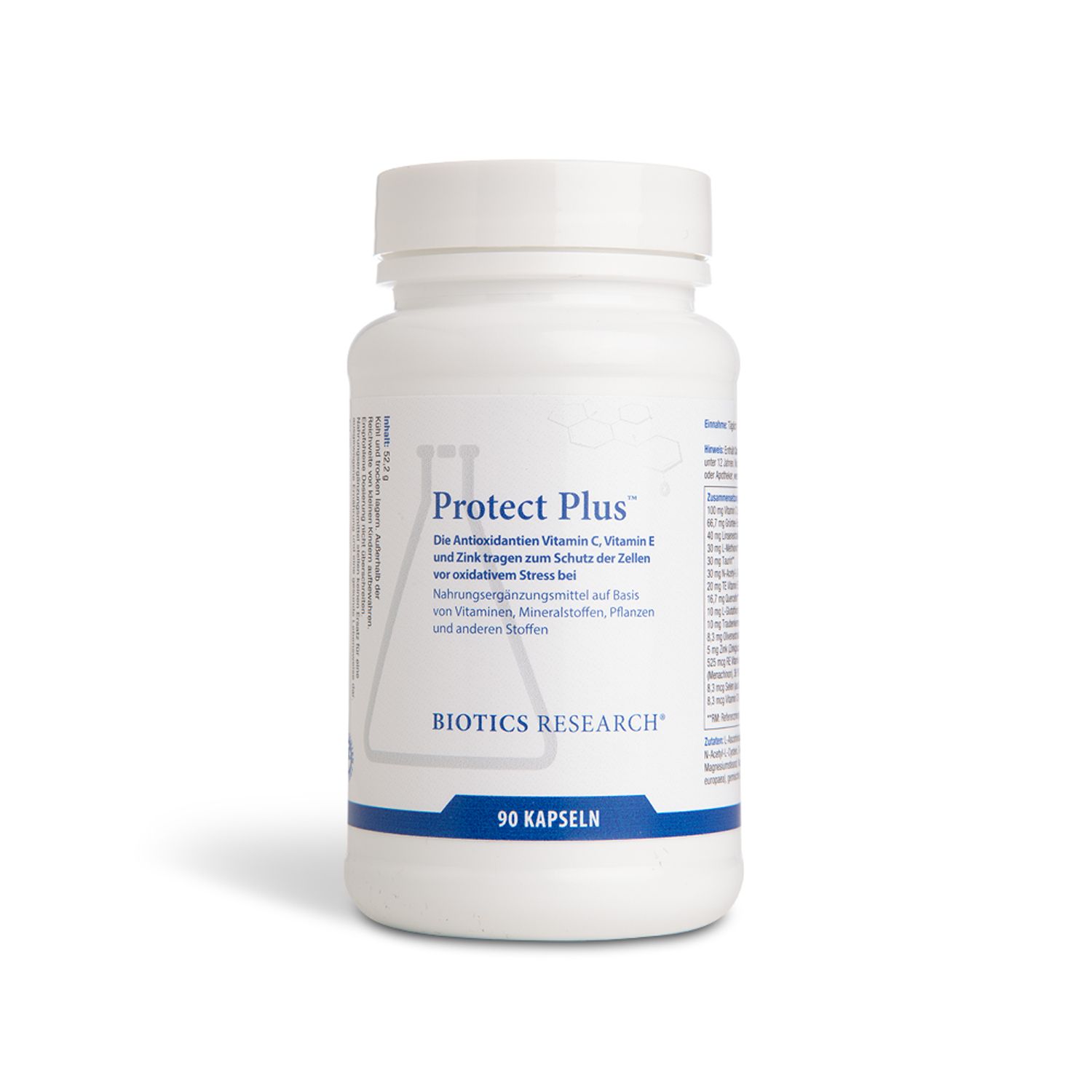 Weiße Flasche mit "Protect Plus"-Etikett. Enthält 90 Kapseln. Marke: BIOTICS RESEARCH.