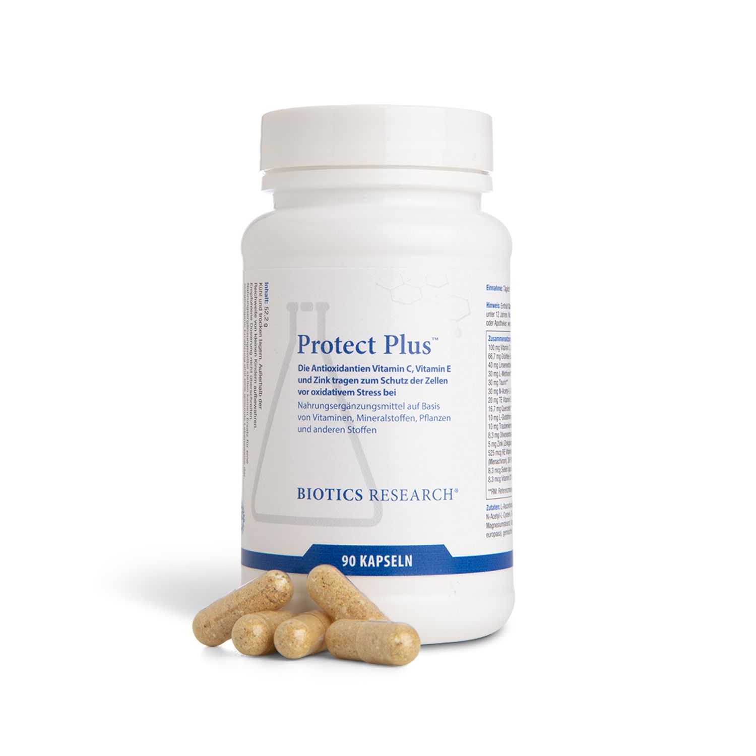 Weiße Flasche mit "Protect Plus"-Etikett und Kapseln daneben. Marke: BIOTICS RESEARCH.