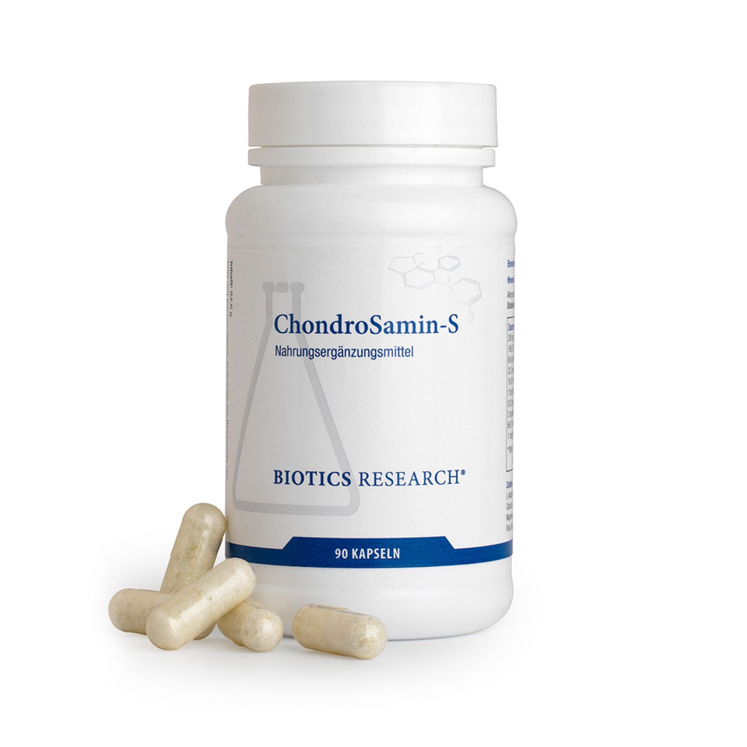 Weiße Flasche mit Kapseln und daneben liegenden Kapseln. Aufschrift: ChondroSamin-S, BIOTICS RESEARCH, 90 Kapseln.