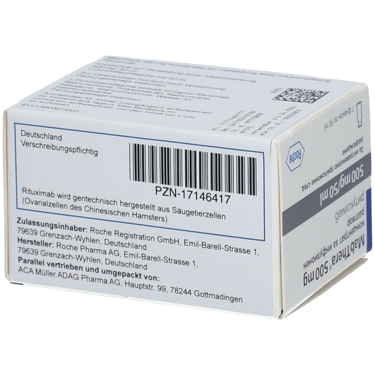 Kartonverpackung mit Aufschrift MabThera 500 mg. PZN-17146417. Herstellerinformationen.