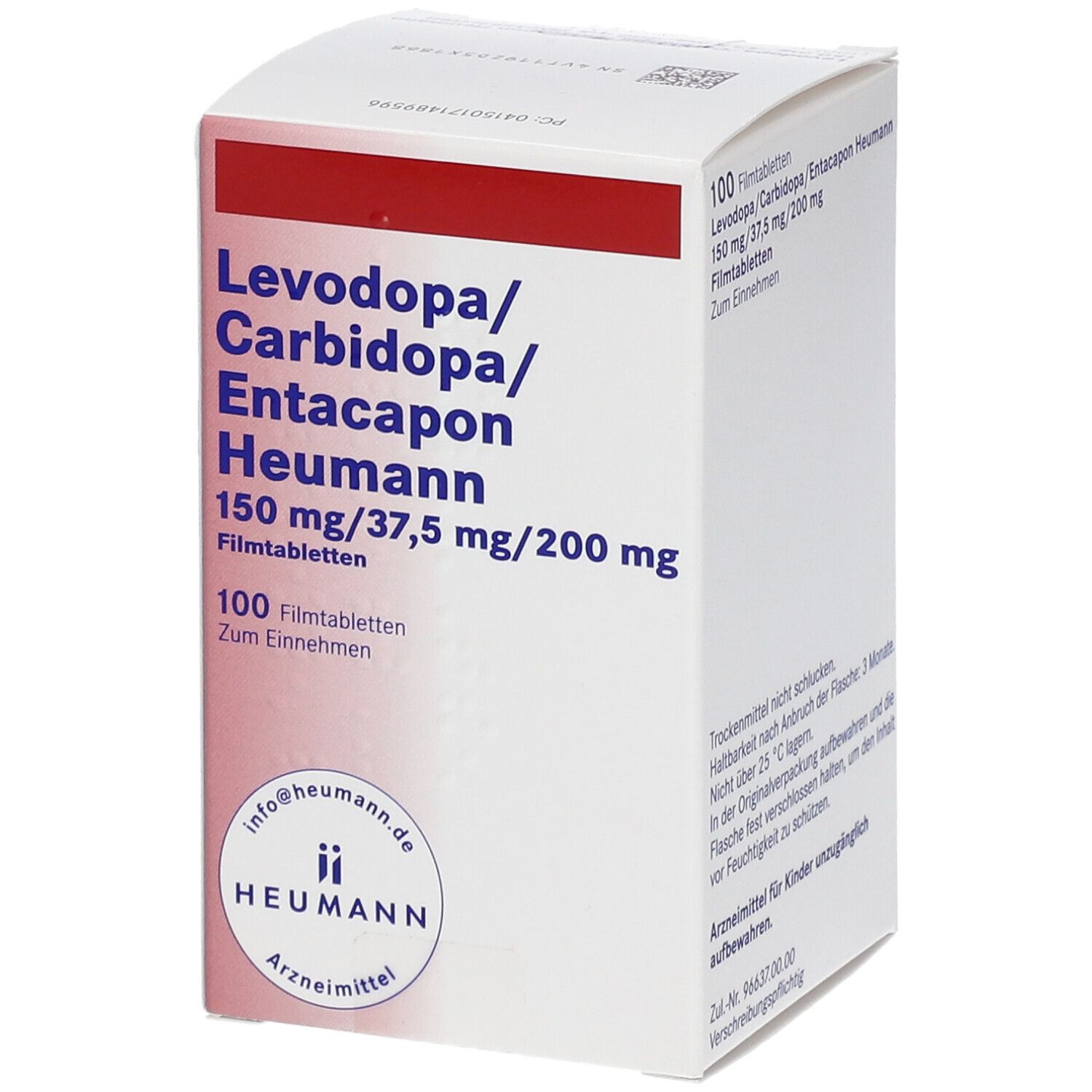 Schachtel mit Medikamenten. Aufschrift: Levodopa/Carbidopa/Entacapon Heumann 150 mg/37,5 mg/200 mg. 100 Filmtabletten.