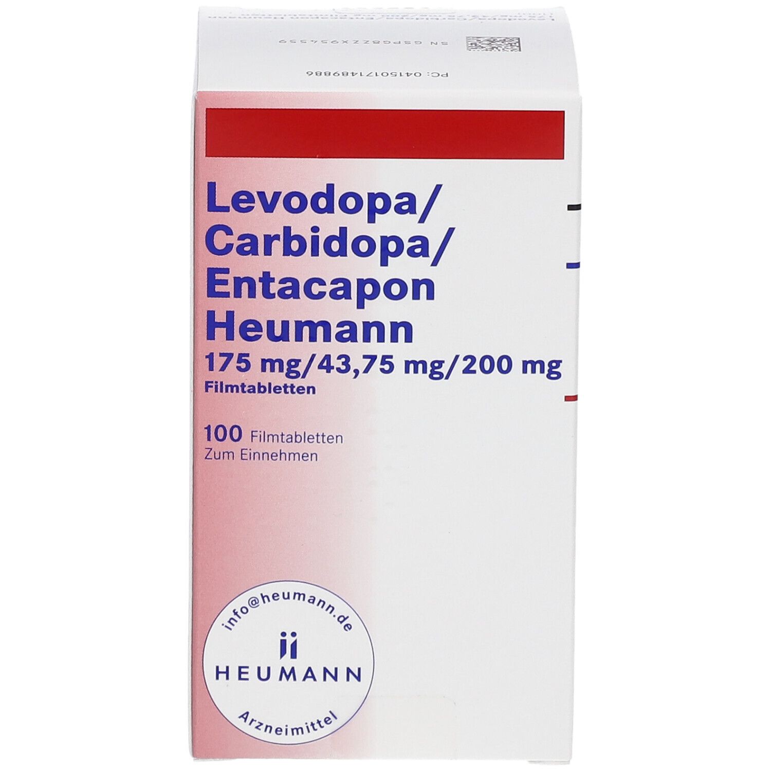 Weißer Karton mit rotem Streifen. Beschriftung: Levodopa/Carbidopa/Entacapon Heumann, 175 mg/43,75 mg/200 mg. 100 Filmtabletten. HEUMANN Logo.