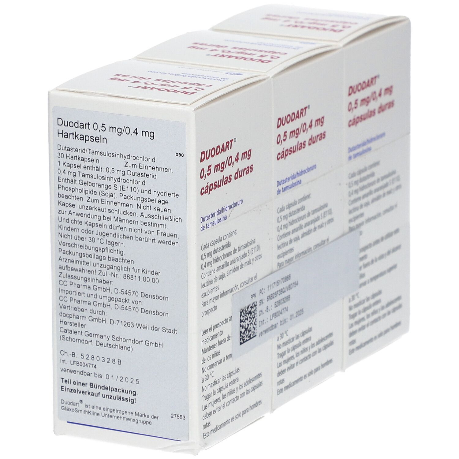 Drei Schachteln DUODART 0,5 mg/0,4 mg Hartkapseln. Weiße Verpackung mit Text. Enthält 30 Kapseln. Ansicht von der Seite.