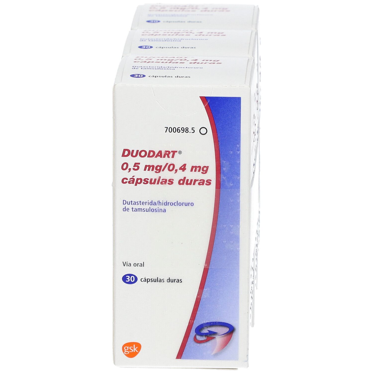 Eine Schachtel DUODART 0,5 mg/0,4 mg Hartkapseln. Weiße Verpackung mit blauer und roter Schrift. Enthält 30 Kapseln.