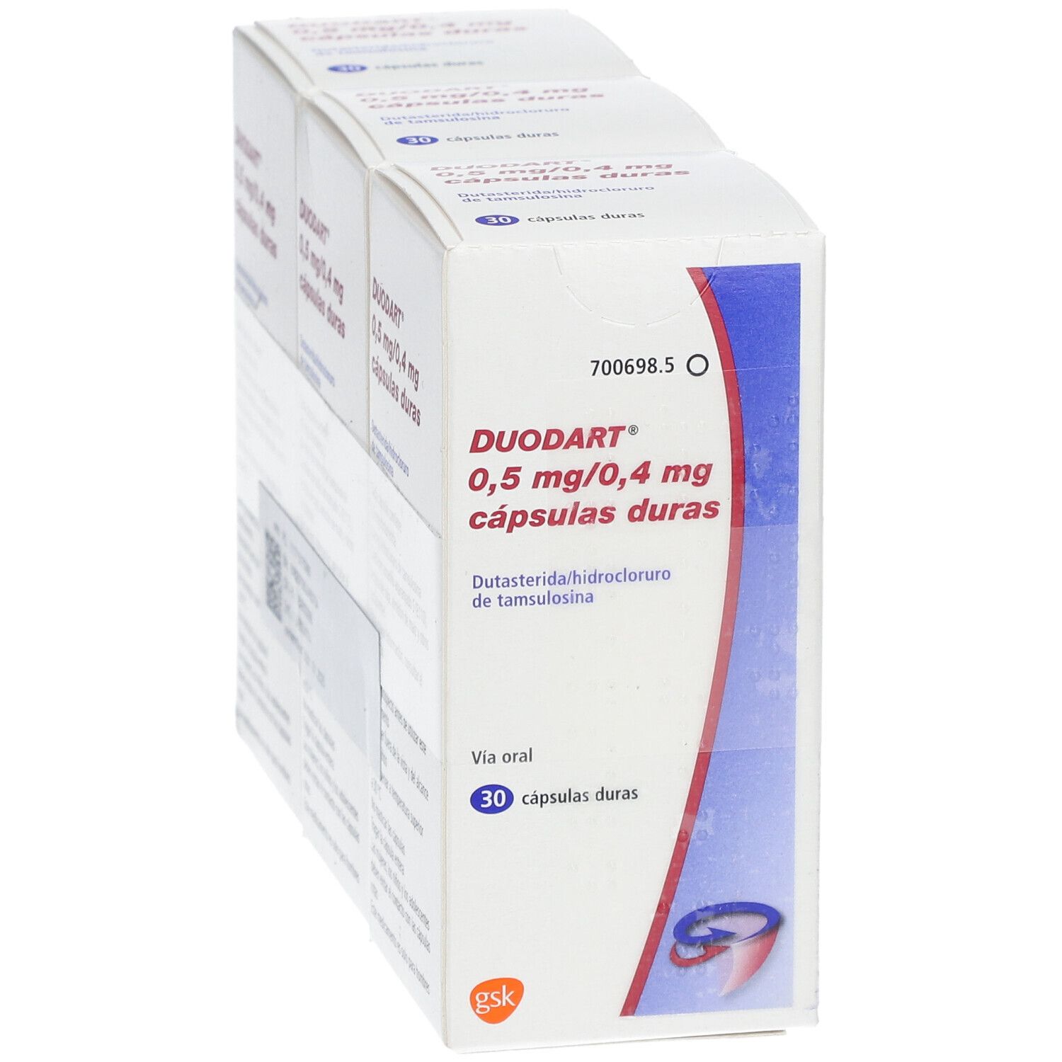 Drei Schachteln DUODART 0,5 mg/0,4 mg Hartkapseln. Weiße Verpackung mit blauer und roter Schrift. Enthält 30 Kapseln.