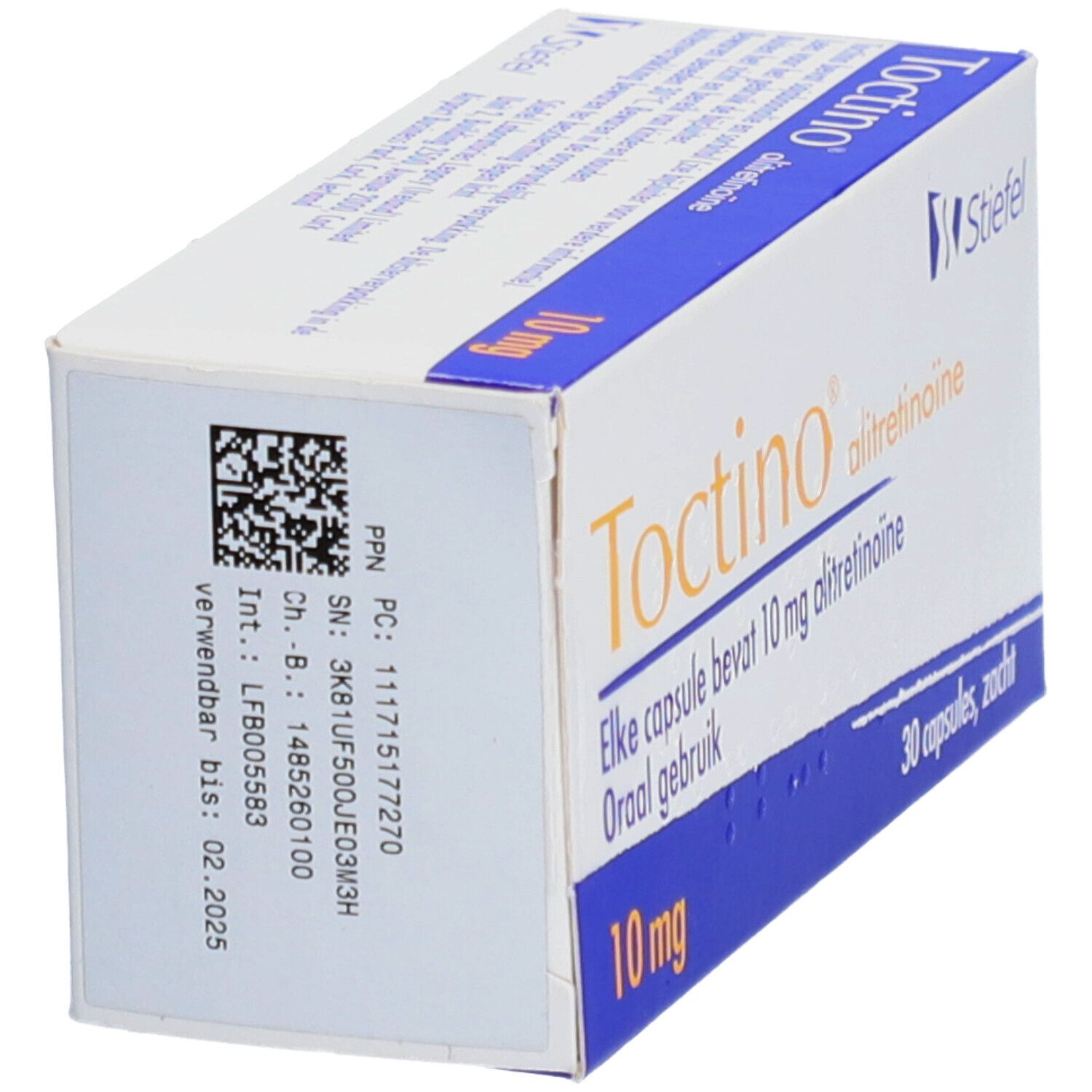 Packung von Weichkapseln. Enthält 10 mg Alitretinoin. Rückseite der Schachtel mit Barcode und Informationen.