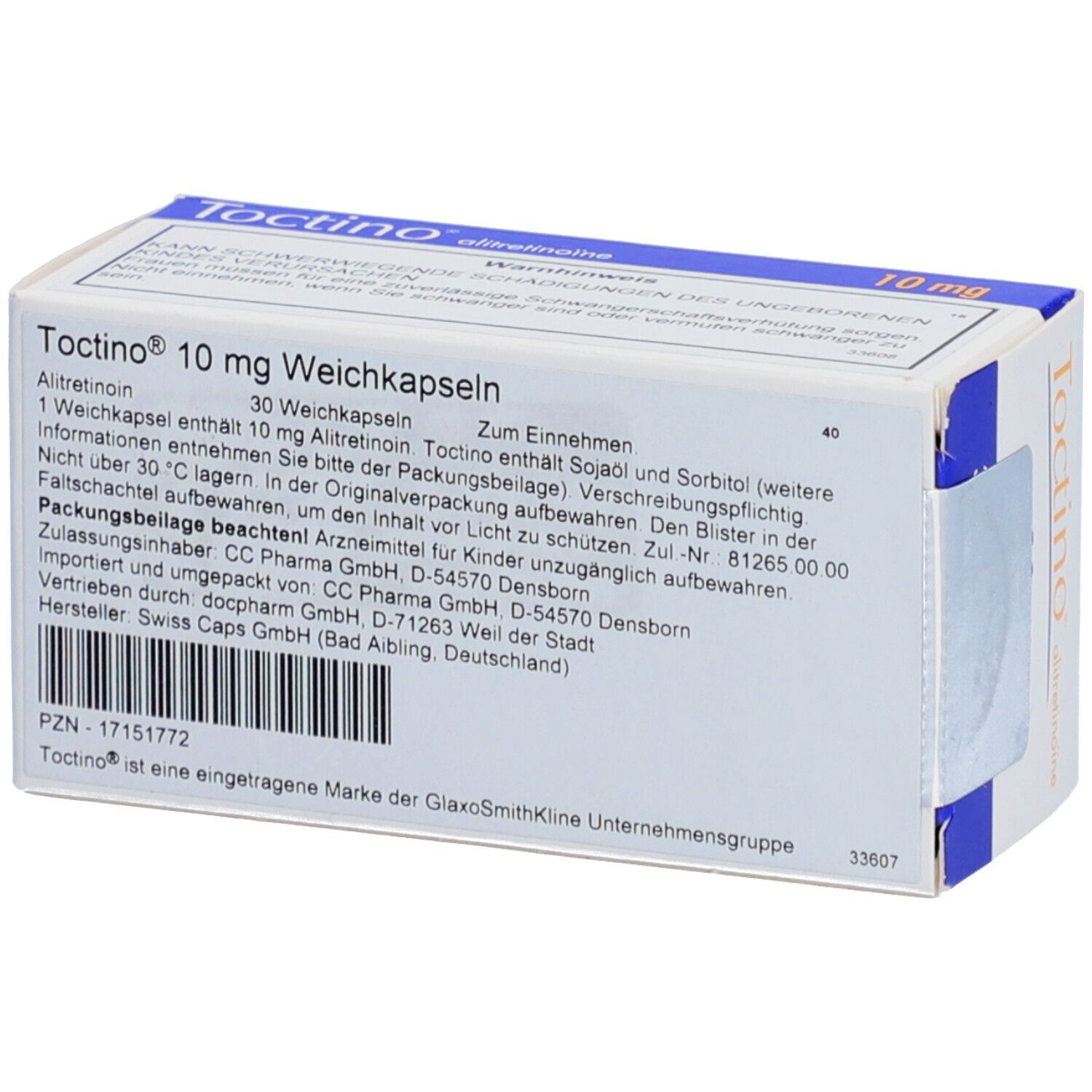 Packung von Weichkapseln. Enthält 10 mg Alitretinoin. Rückseite der Schachtel mit Textinformationen.