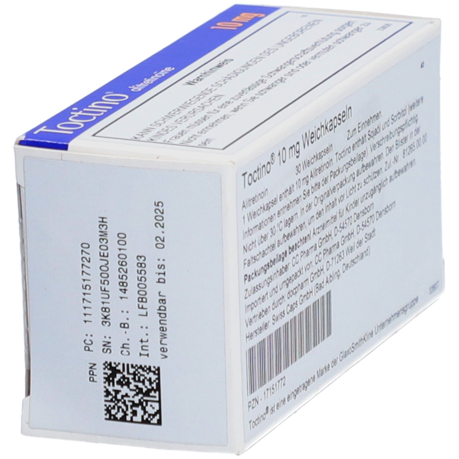 Packung von Weichkapseln. Enthält 10 mg Alitretinoin. Rückseite der Schachtel mit Barcode und Informationen.