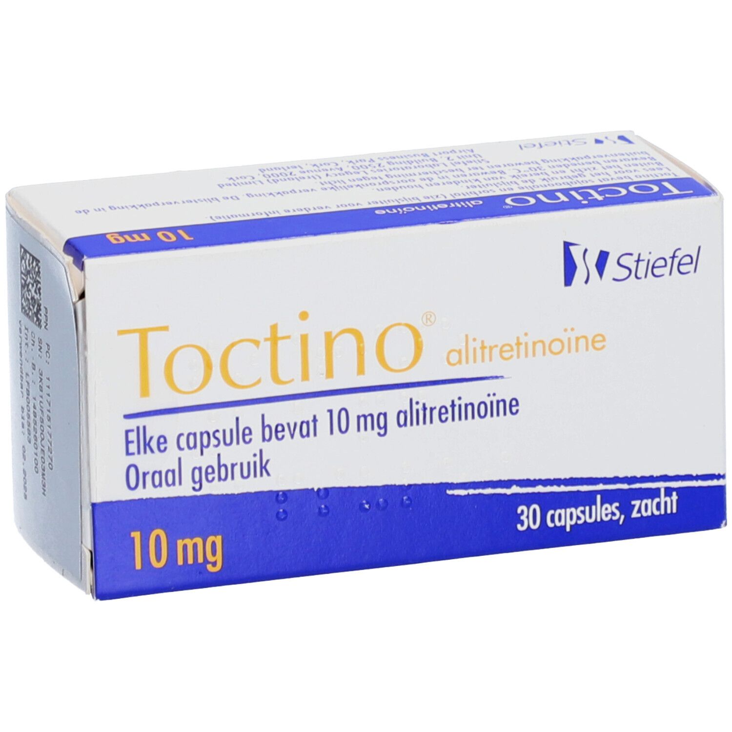 Weichkapseln-Packung. Enthält 10 mg Alitretinoin. Blaue und weiße Schachtel mit Produktnamen und Logo.