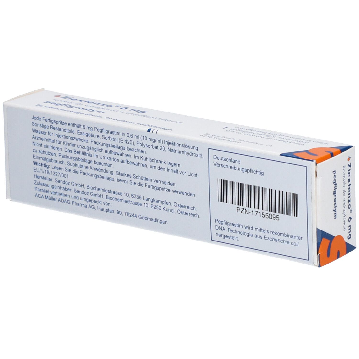 Schachtel mit Produktinformationen. Aufschrift: ZIEXTENZO 6 mg. Barcode und weitere Texte. Orangefarbene Akzente.