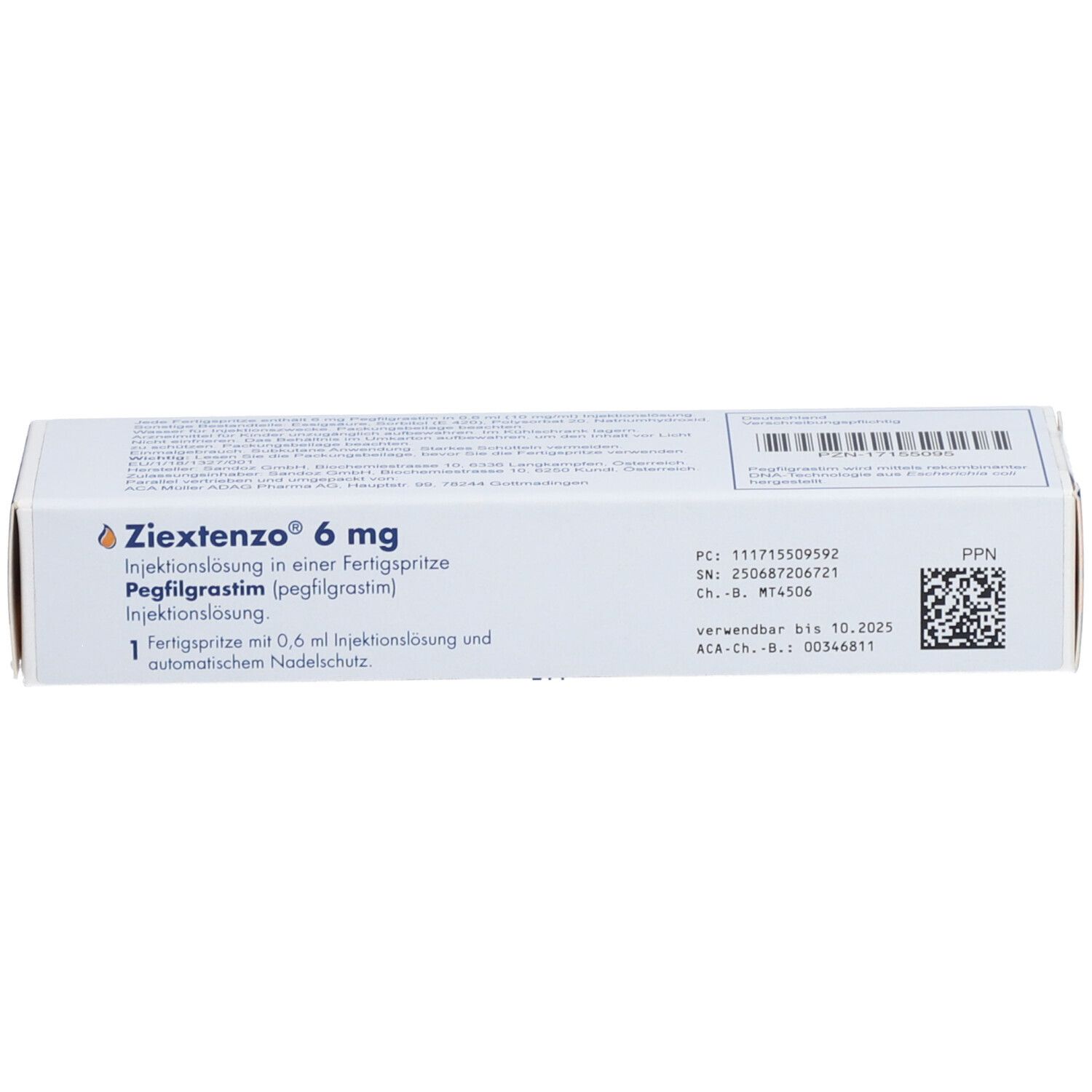 Schachtel mit Produktinformationen. Aufschrift: ZIEXTENZO 6 mg. Text: Injektionslösung in Fertigspritze. Weitere Angaben.