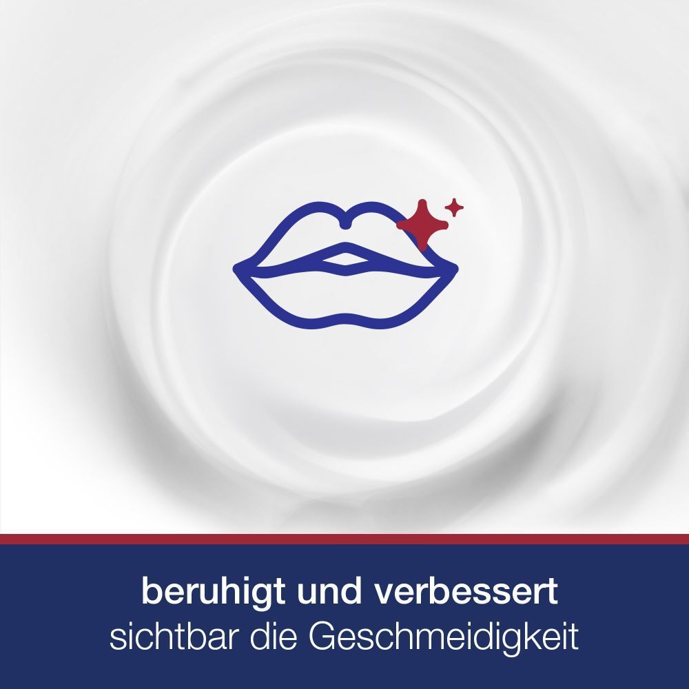 Symbol: Lippen mit Stern. Text: Beruhigt und verbessert sichtbar die Geschmeidigkeit.