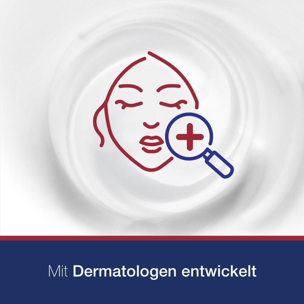 Symbol: Gesicht mit Lupe. Text: Mit Dermatologen entwickelt.