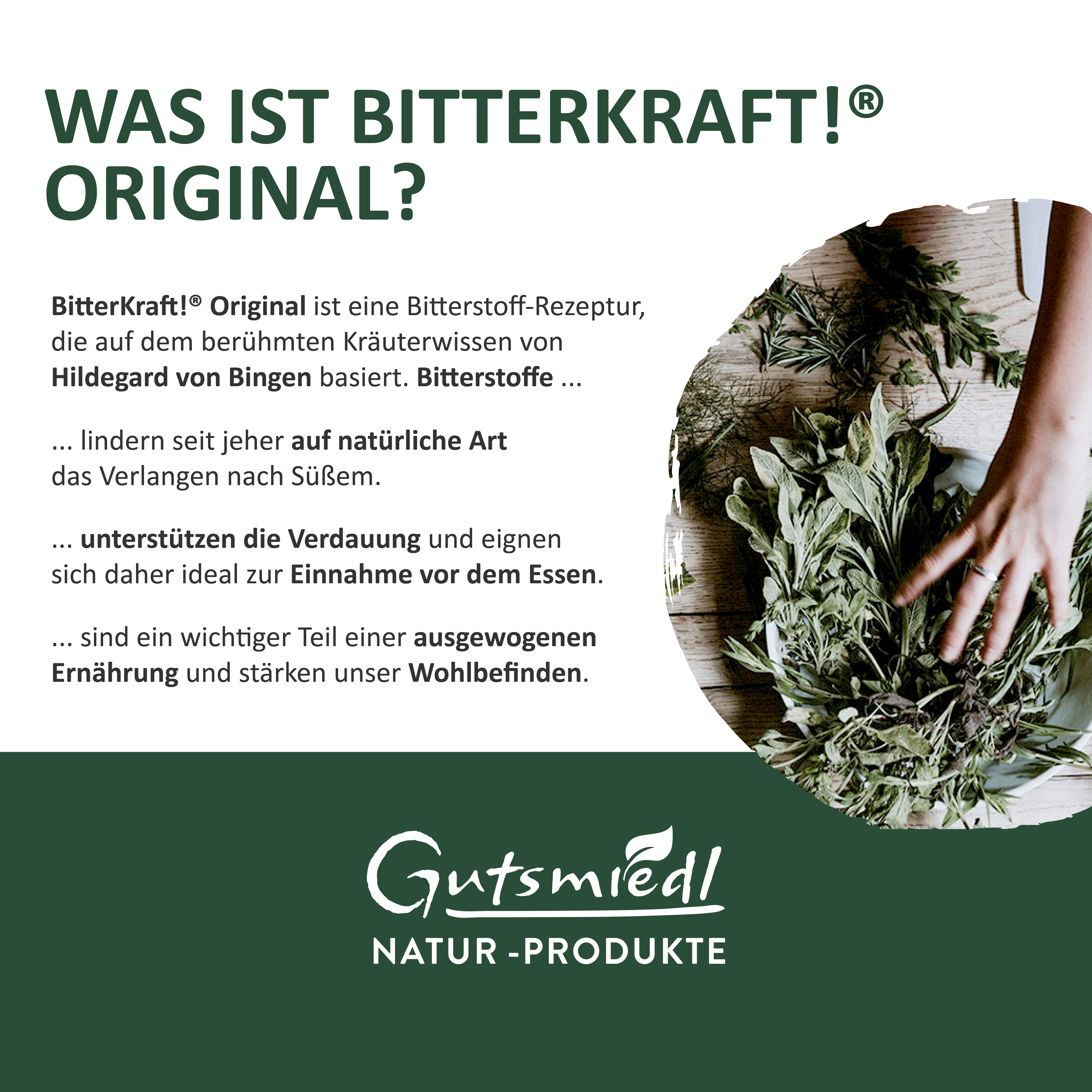 Text-Infografik: Was ist BitterKraft! Original? Text und Logo Gutsmietl Natur-Produkte.