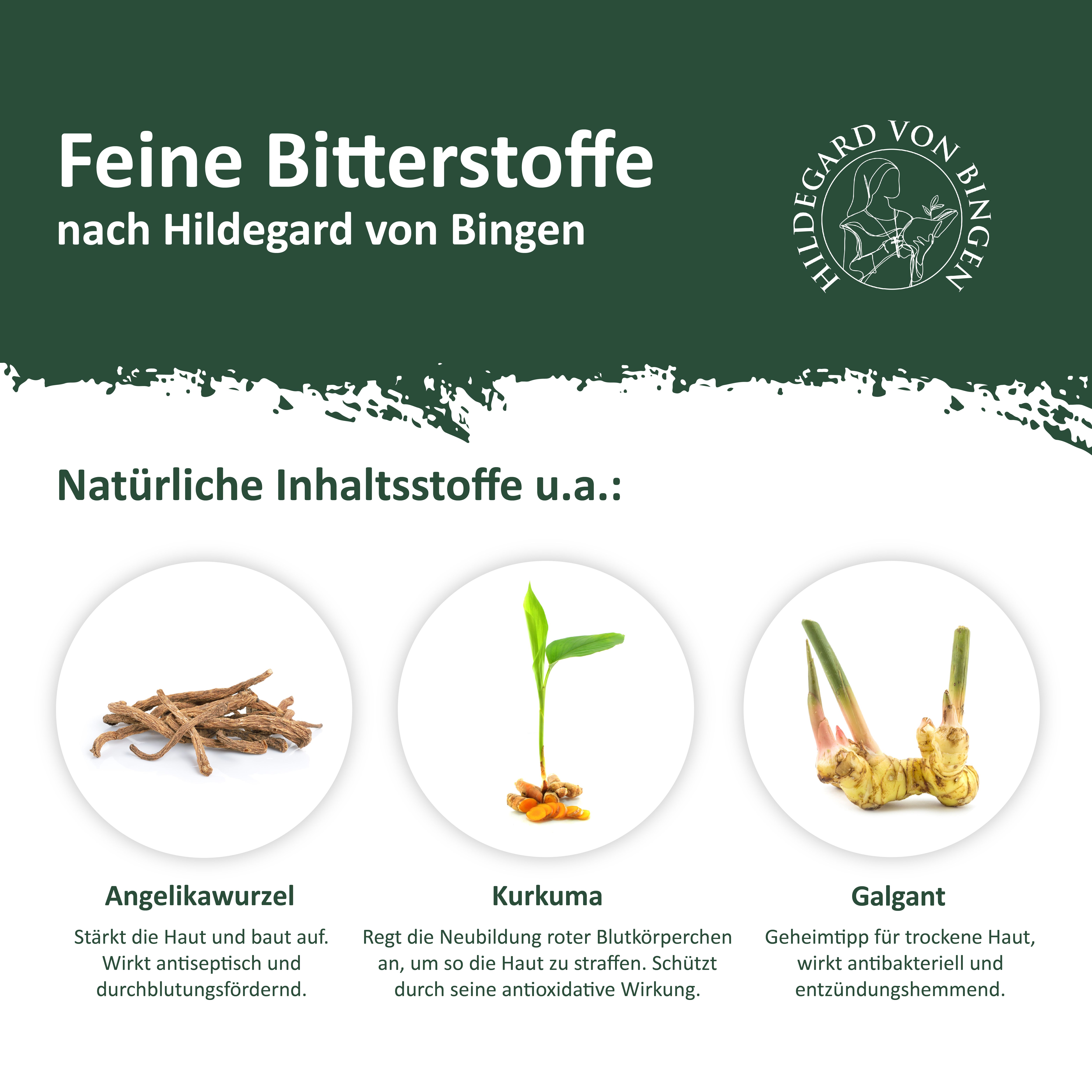 Infografik mit Inhaltsstoffen: Angelikawurzel, Kurkuma, Galgant. Text und Logo Gutsmietl Natur-Produkte.