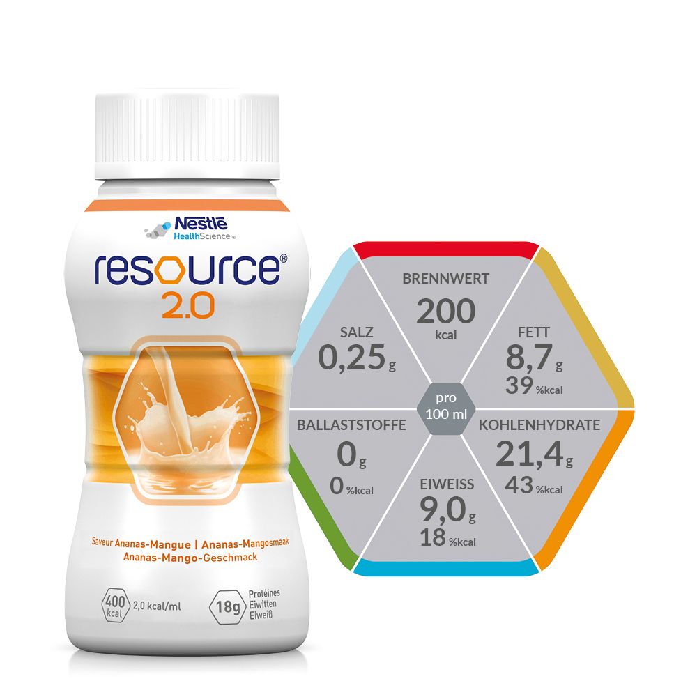 resource® 2.0  Ananas-Mango | Hochkalorische Trinknahrung mit Ballaststoffen | Aufbaukost bei Mangelernährung
