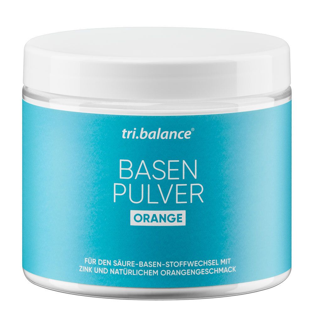 Weißes, rundes Gefäß mit blauem Etikett. Aufschrift: tri.balance BASEN PULVER ORANGE. Für Säure-Basen-Stoffwechsel.