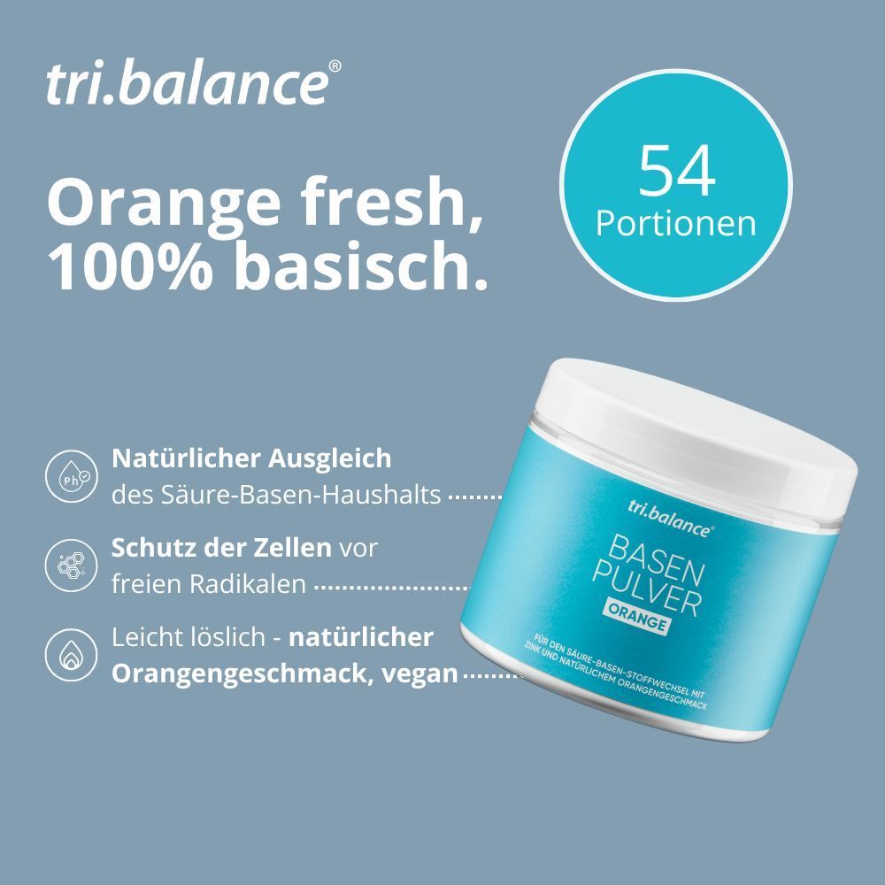 Weißes Gefäß mit blauem Etikett. Text: Orange fresh, 100% basisch. 54 Portionen. Vegan.