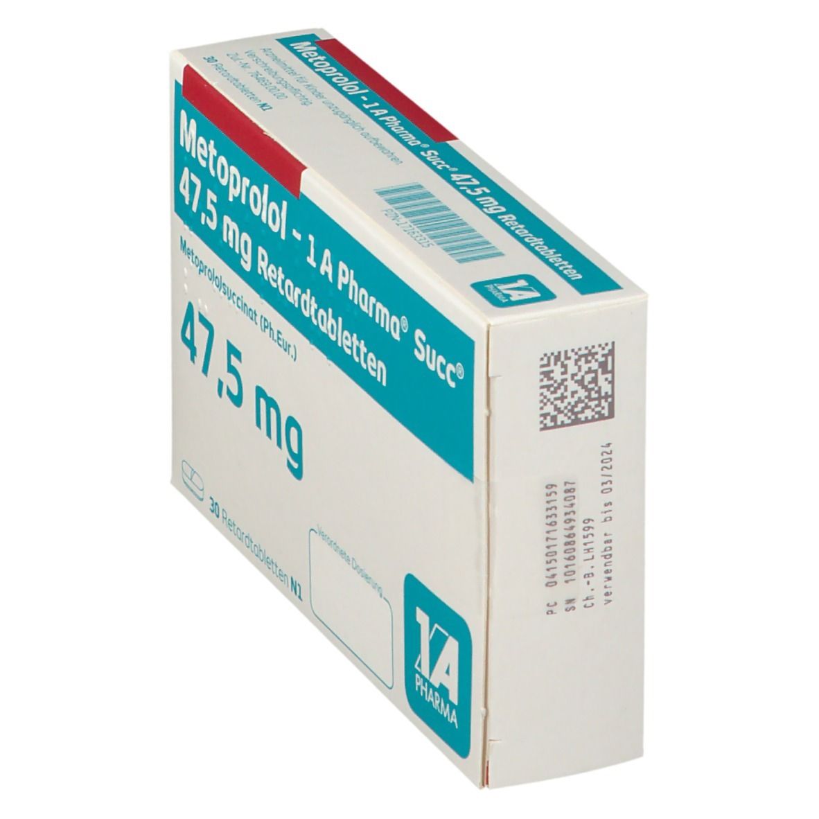 Schachtel Metoprolol - 1 A Pharma Succ 47,5 mg Retardtabletten. Seitenansicht. Weiße Schachtel mit blauer und roter Schrift. Barcode.