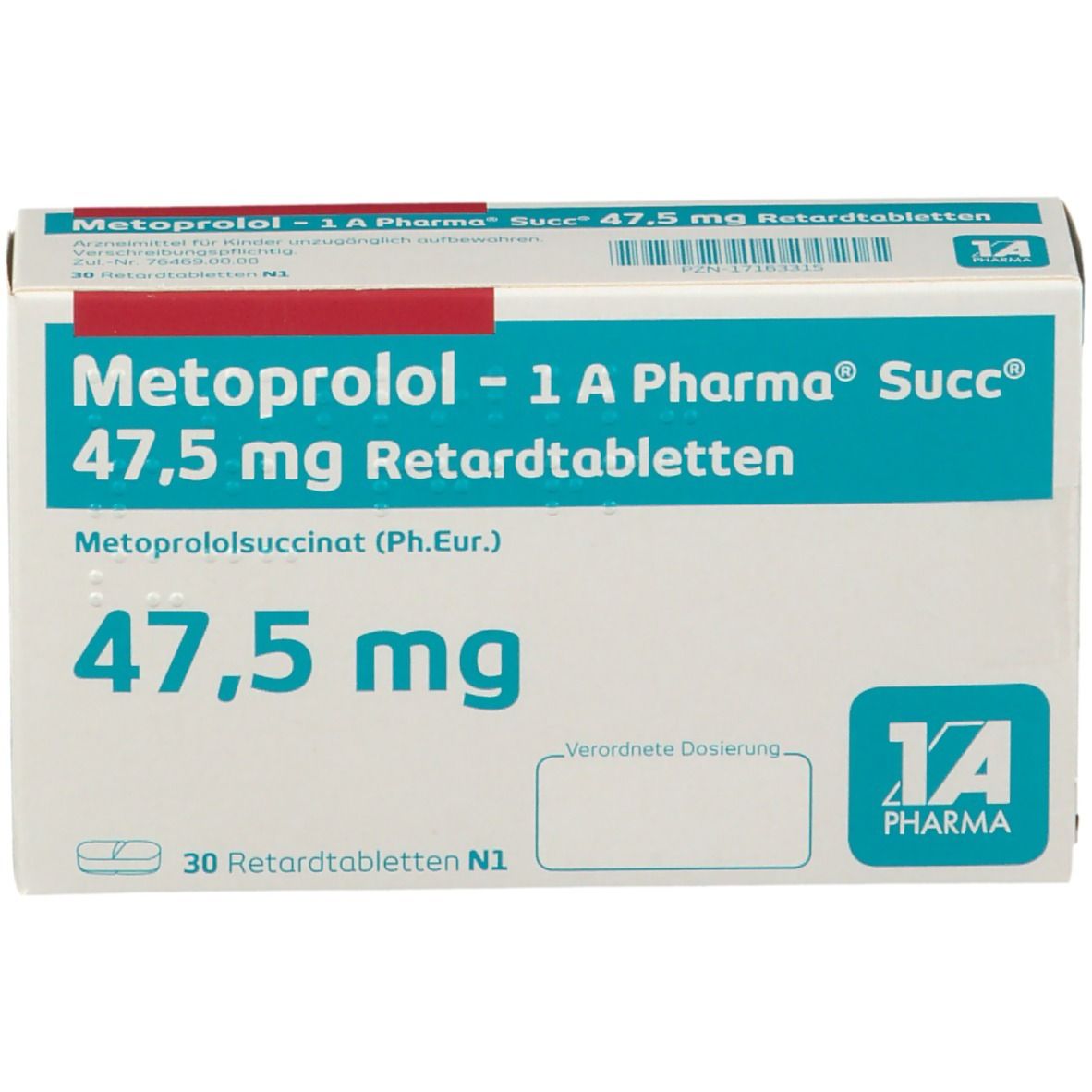 Schachtel Metoprolol - 1 A Pharma Succ 47,5 mg Retardtabletten. Draufsicht. Weiße Schachtel mit blauer und roter Schrift. 30 Tabletten.