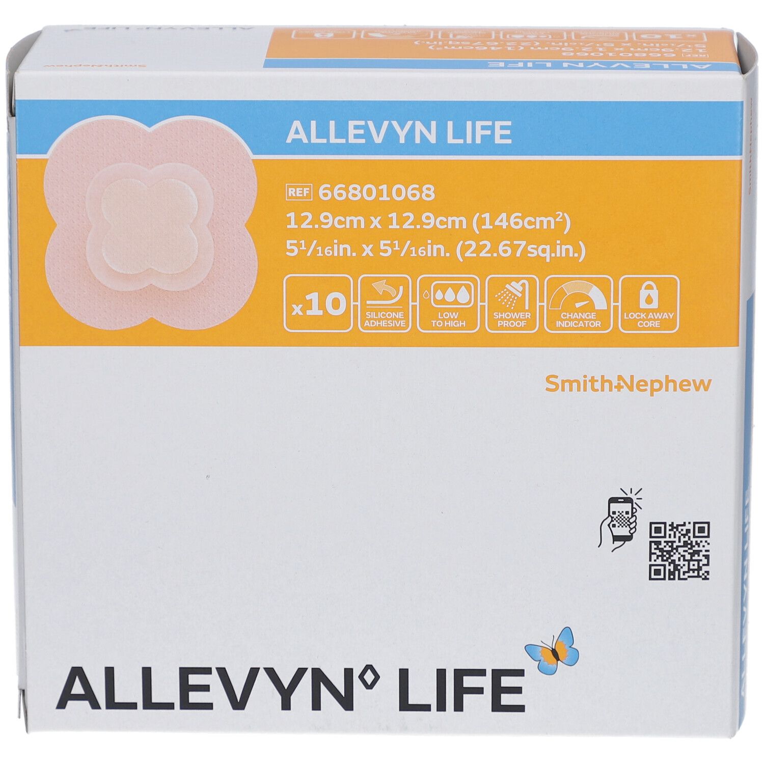 ALLEVYN LIFE Schaumverbände, Packung. Rosa quadratische Wundauflage. Maße: 12,9cm x 12,9cm. Hersteller: Smith+Nephew. Packung mit 10 Stück.