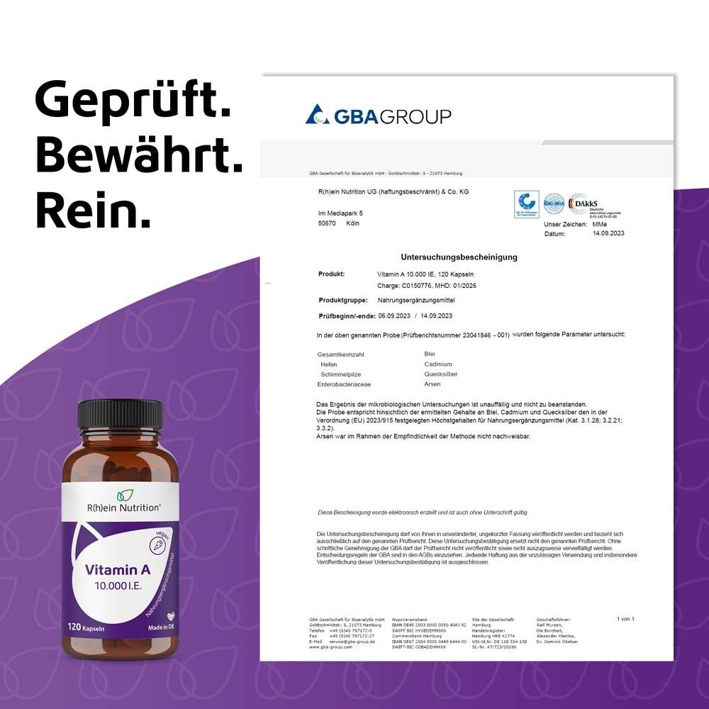 Produktflasche und Analyse-Zertifikat. Zertifikat von GBA Group. Produkt: Vitamin A 10.000 I.E. 120 Kapseln.