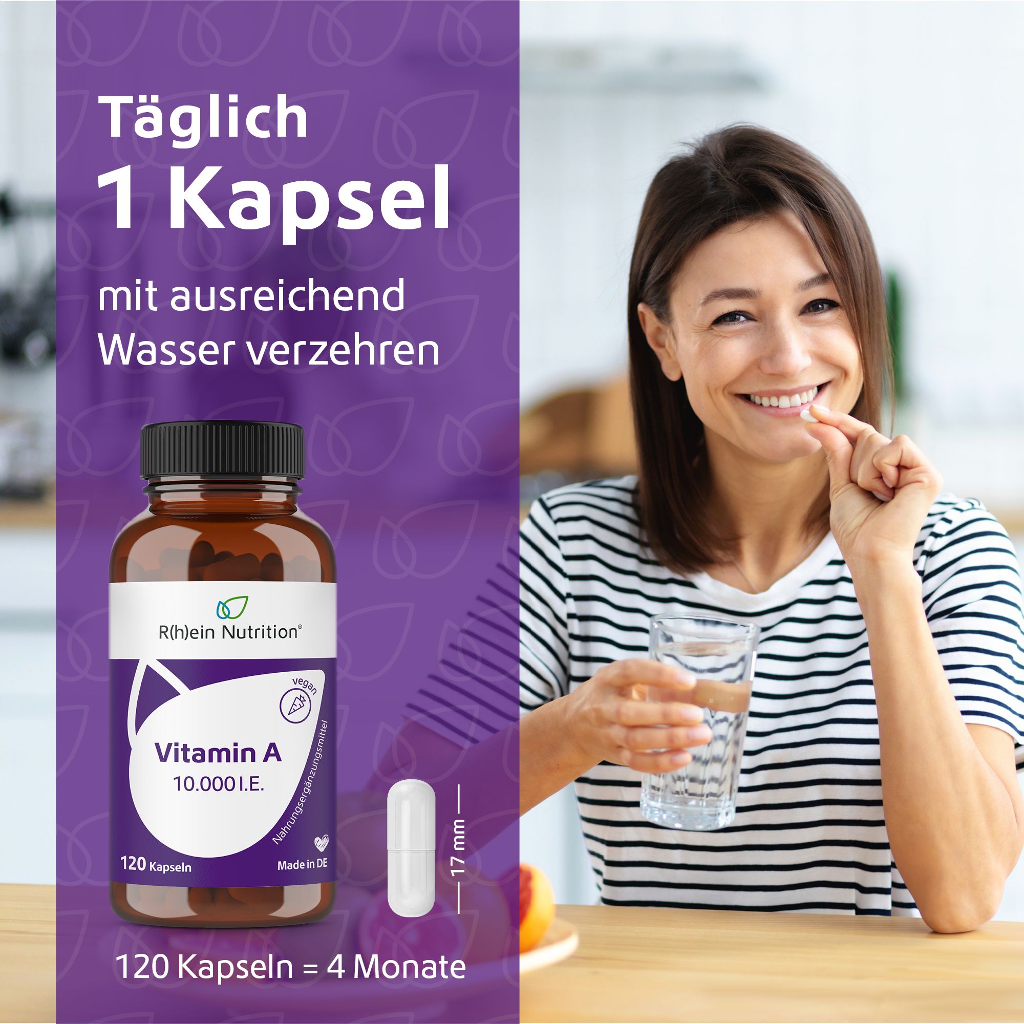 Frau nimmt Kapsel mit Wasser. Flasche mit Vitamin A 10.000 I.E. daneben. 1 Kapsel täglich. 120 Kapseln = 4 Monate.