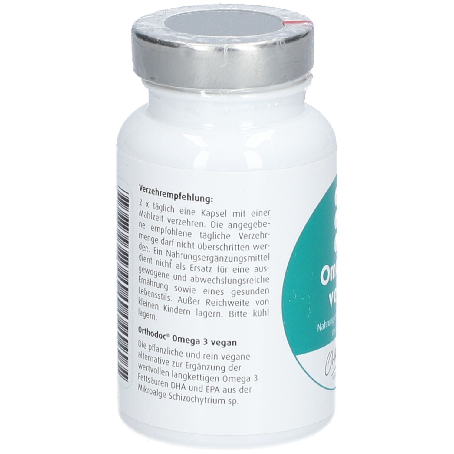 Weiße Flasche mit silbernem Deckel. Aufschrift: Orthodoc Omega 3 vegan. Grün-weiße Etikettendetails.