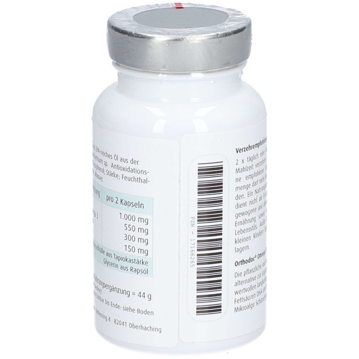 Weiße Flasche mit silbernem Deckel. Aufschrift und Nährwertangaben. Barcode und Chargennummer.