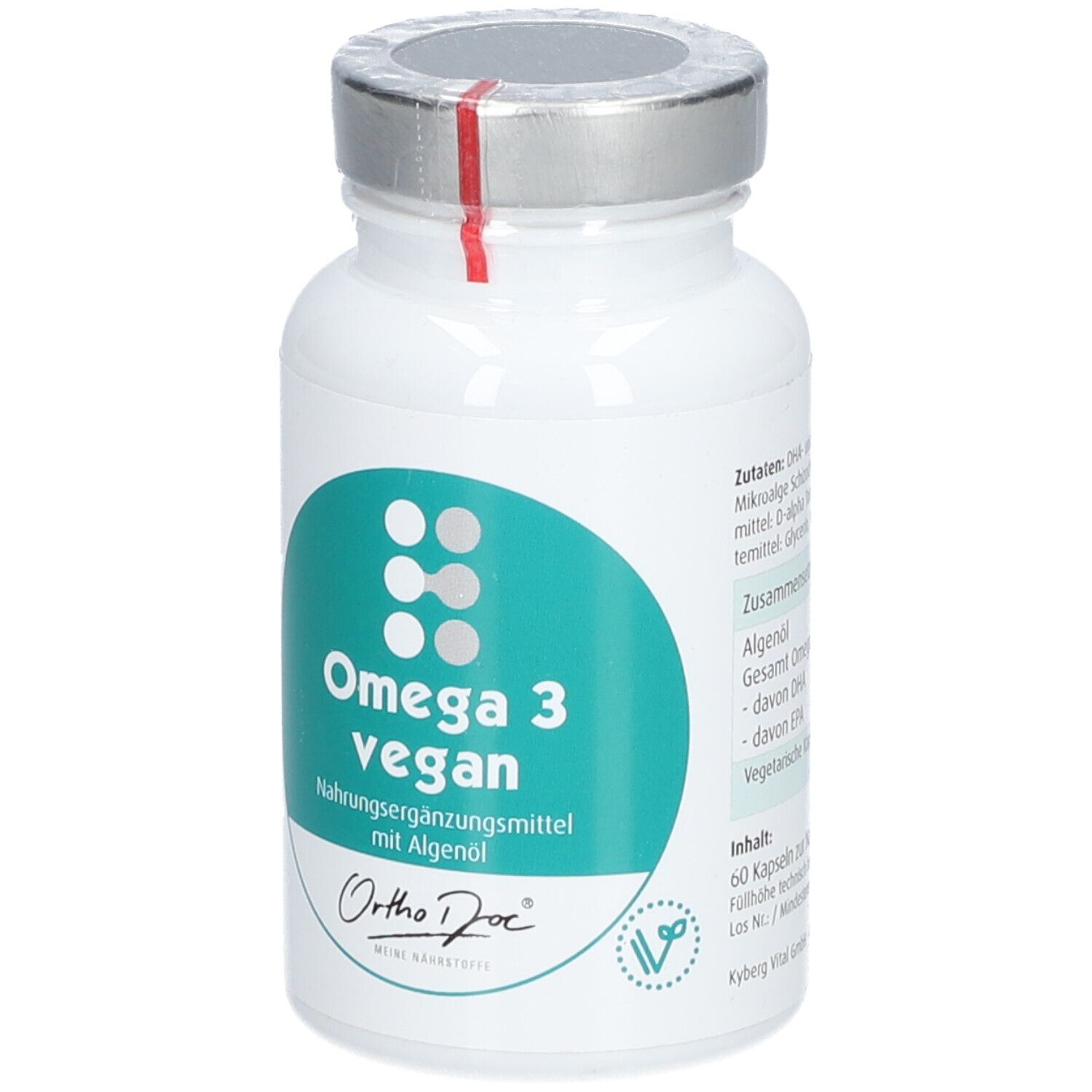 Weiße Flasche mit silbernem Deckel. Grün-weißes Etikett mit Aufschrift: Omega 3 vegan. Marke: Orthodoc. Inhalt: 60 Kapseln.