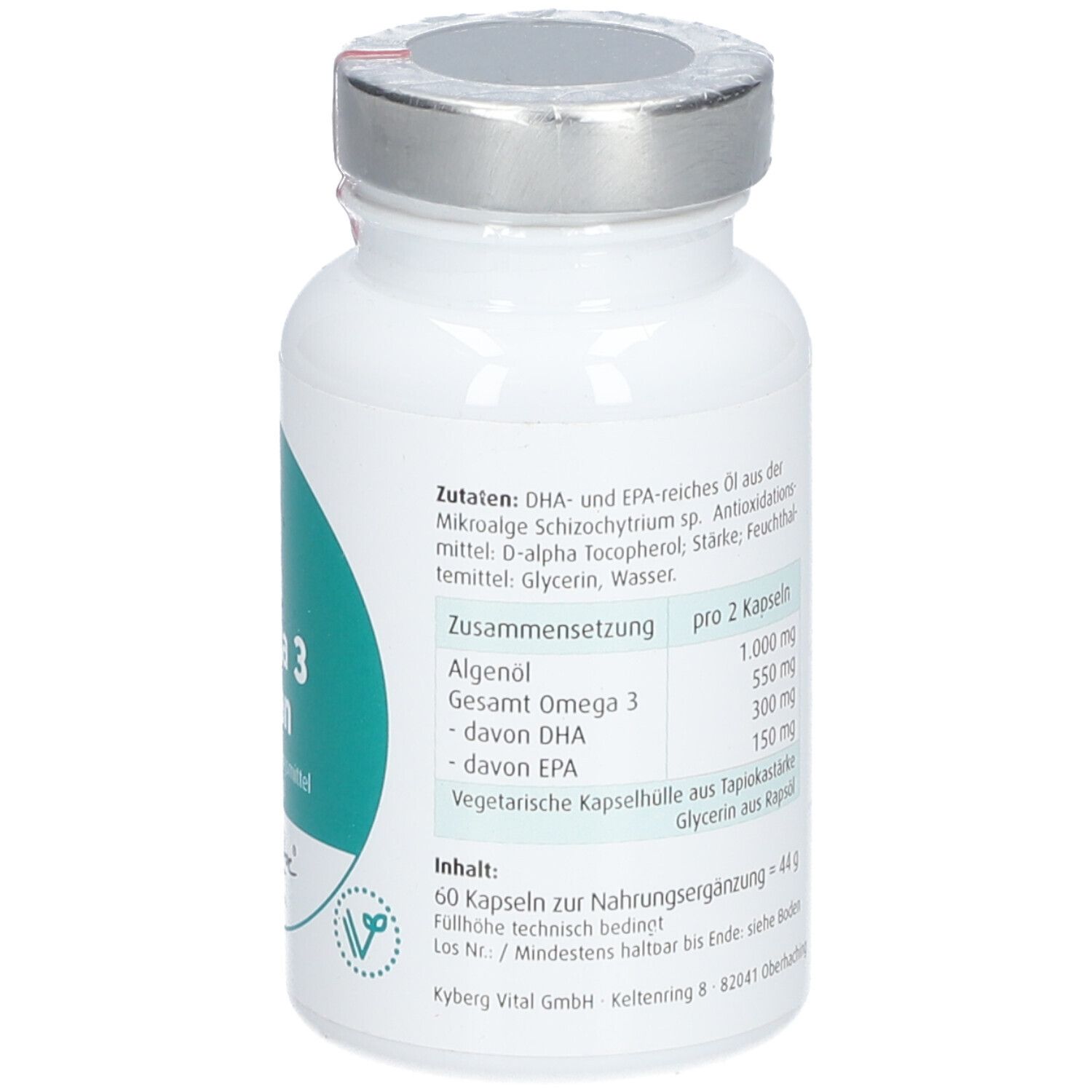 Weiße Flasche mit silbernem Deckel. Grün-weißes Etikett mit Inhaltsangaben und Nährwertangaben. Marke: Orthodoc.