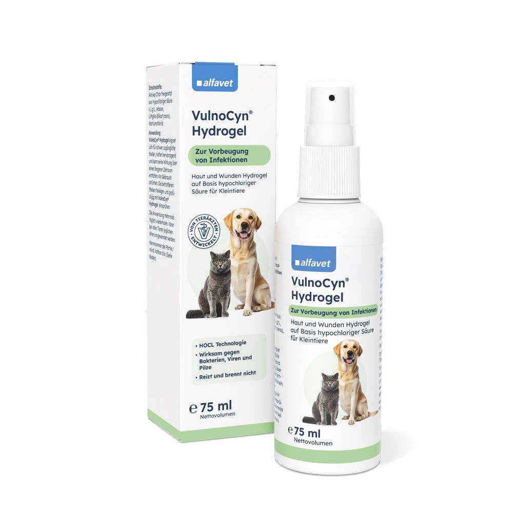 VulnoCyn Hydrogel zur Vorbeugung von Infektionen bei Haut und Wunden von Hunden und Katzen, 75ml.
