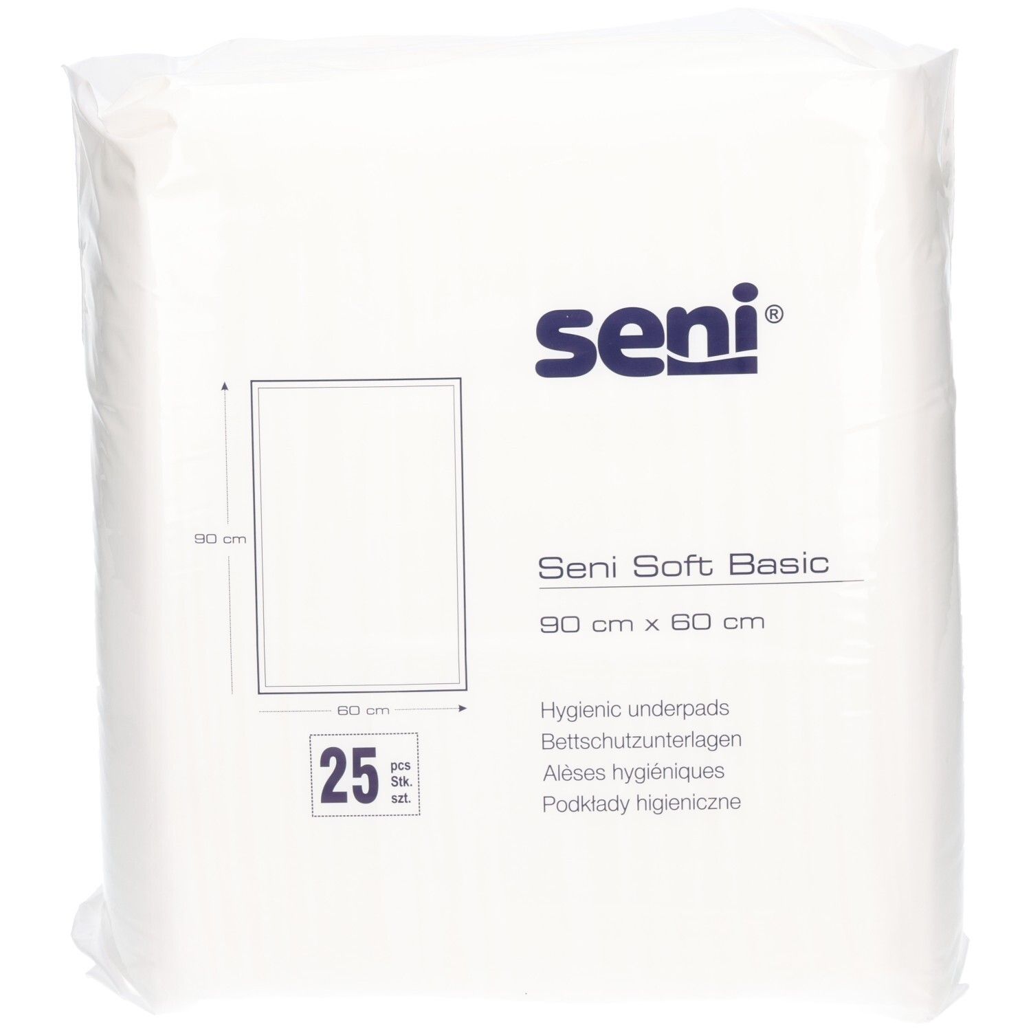 Packung mit 25 Seni Soft Basic Hygienischen Inkontinenzauflagen, 90x60 cm.