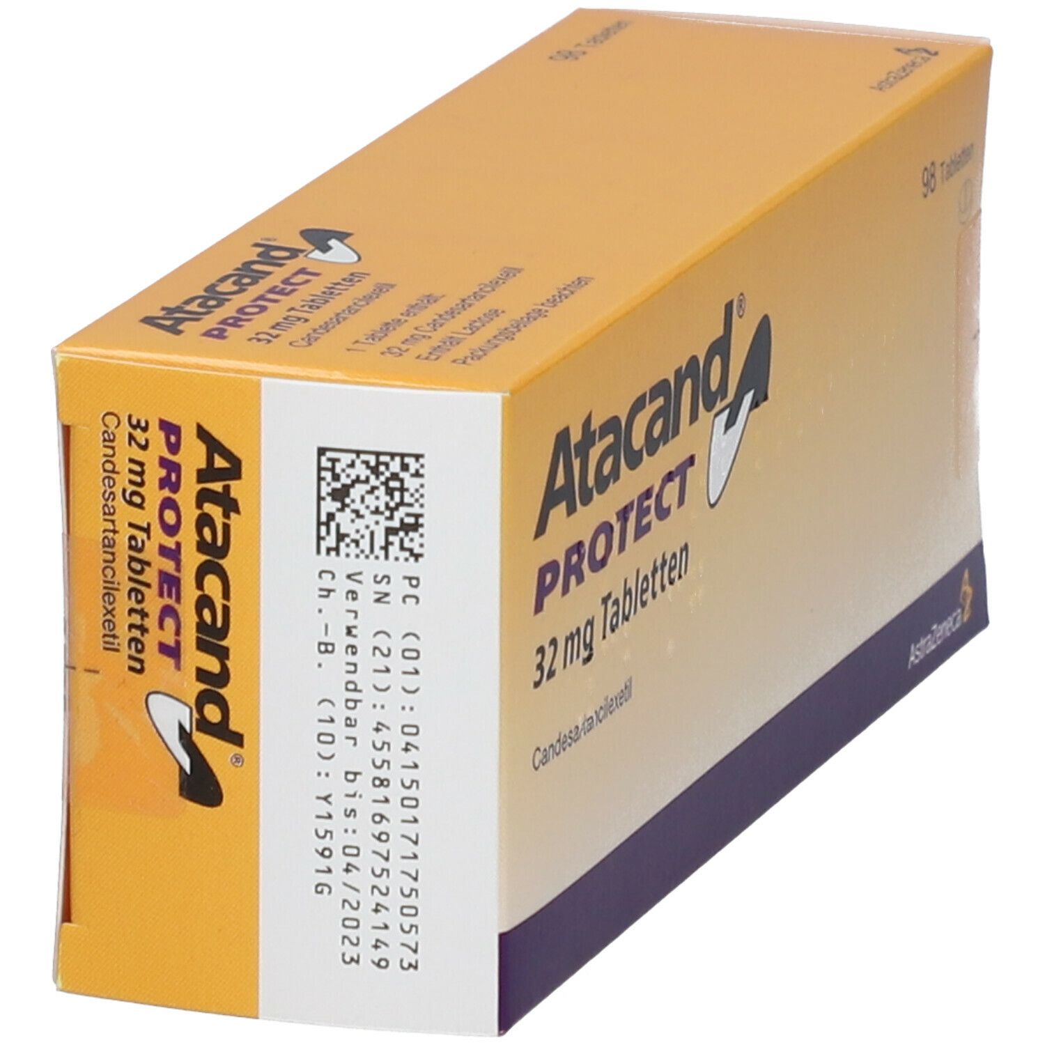 Schachtel Atacand Protect 32 mg Tabletten. Gelb mit lila Akzenten. Barcode und Text. AstraZeneca Logo.