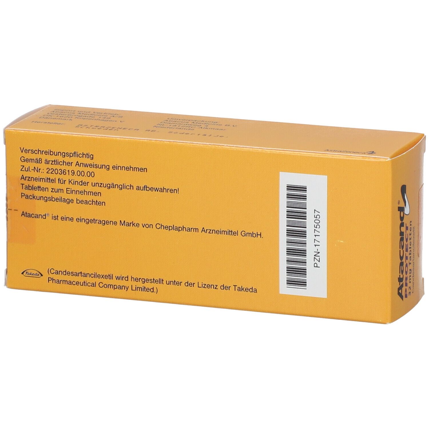 Rückseite der gelben Schachtel Atacand Protect 32 mg Tabletten. Text und PZN-Nummer. AstraZeneca Logo.