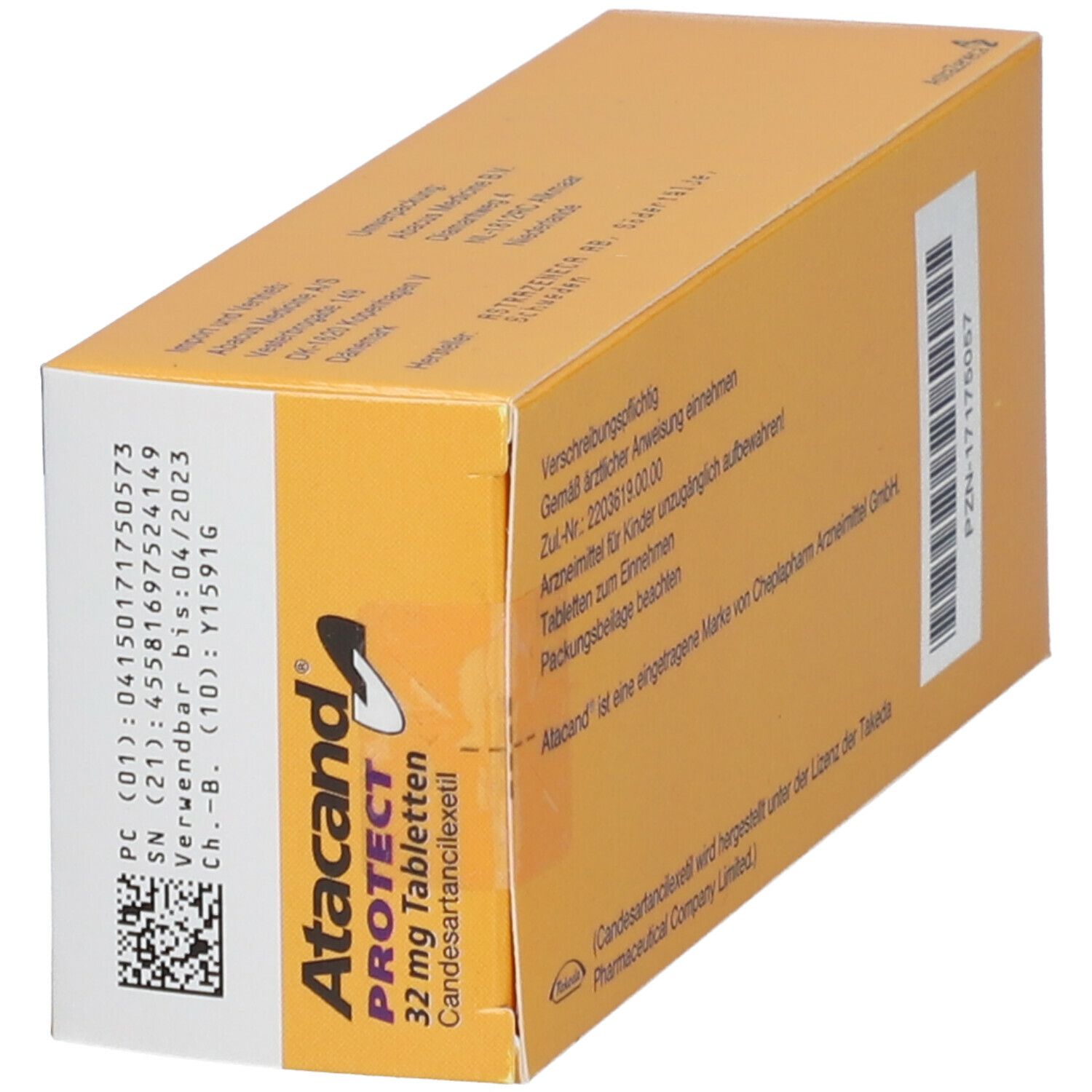 Schachtel Atacand Protect 32 mg Tabletten. Gelb mit Text und Barcode. AstraZeneca Logo.