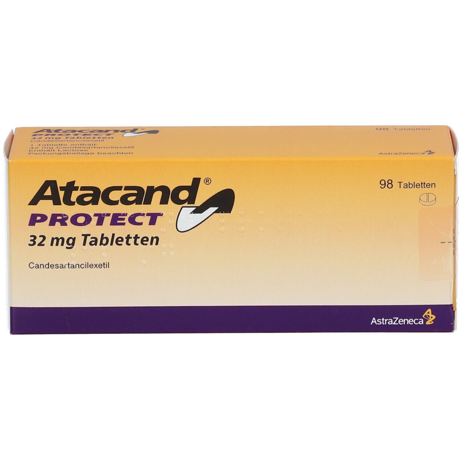 Gelbe Schachtel mit Aufschrift Atacand Protect 32 mg Tabletten. Enthält 98 Tabletten. AstraZeneca Logo.