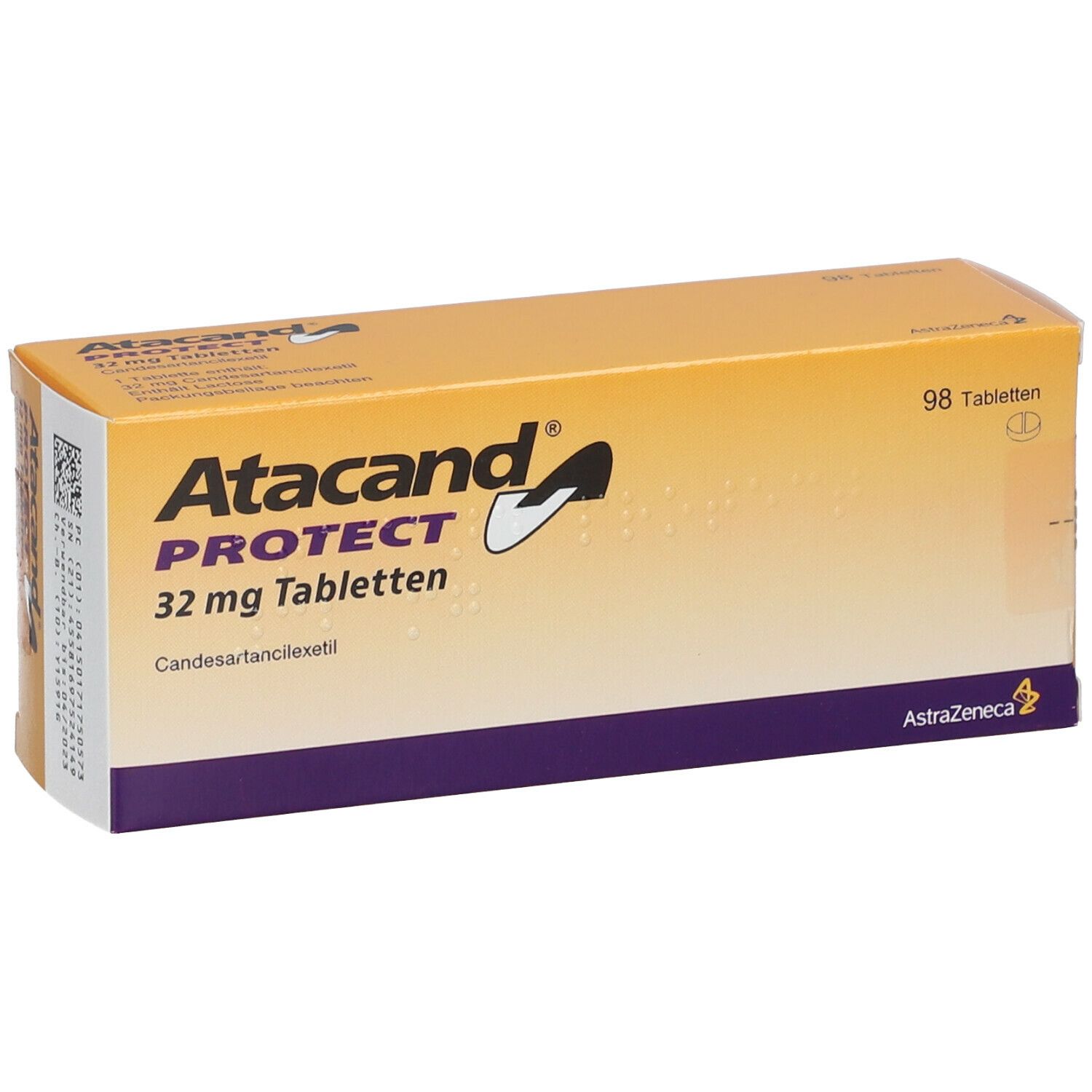 Gelbe Schachtel mit Aufschrift Atacand Protect 32 mg Tabletten. Enthält 98 Tabletten. AstraZeneca Logo.