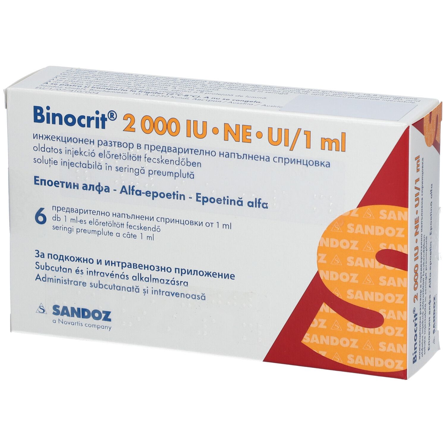 Packung BINOCRIT 2.000 I.E./1 ml. 6 Fertigspritzen. Weiß, rot und orangefarben. SANDOZ Logo. Text in mehreren Sprachen.