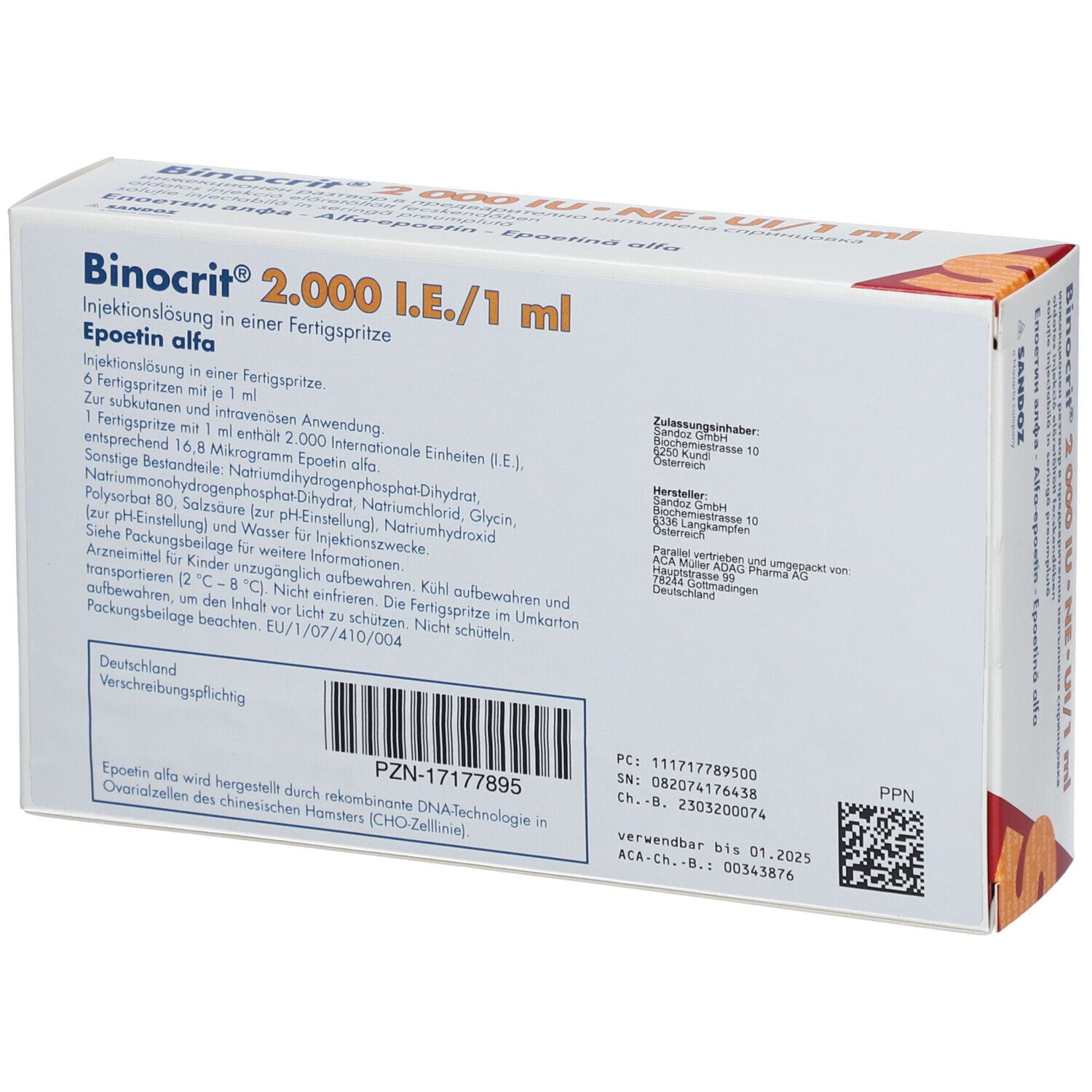 Rückseite der BINOCRIT-Verpackung. Text in Deutsch. Enthält Produktinformationen, Chargennummer und Herstellerdetails.