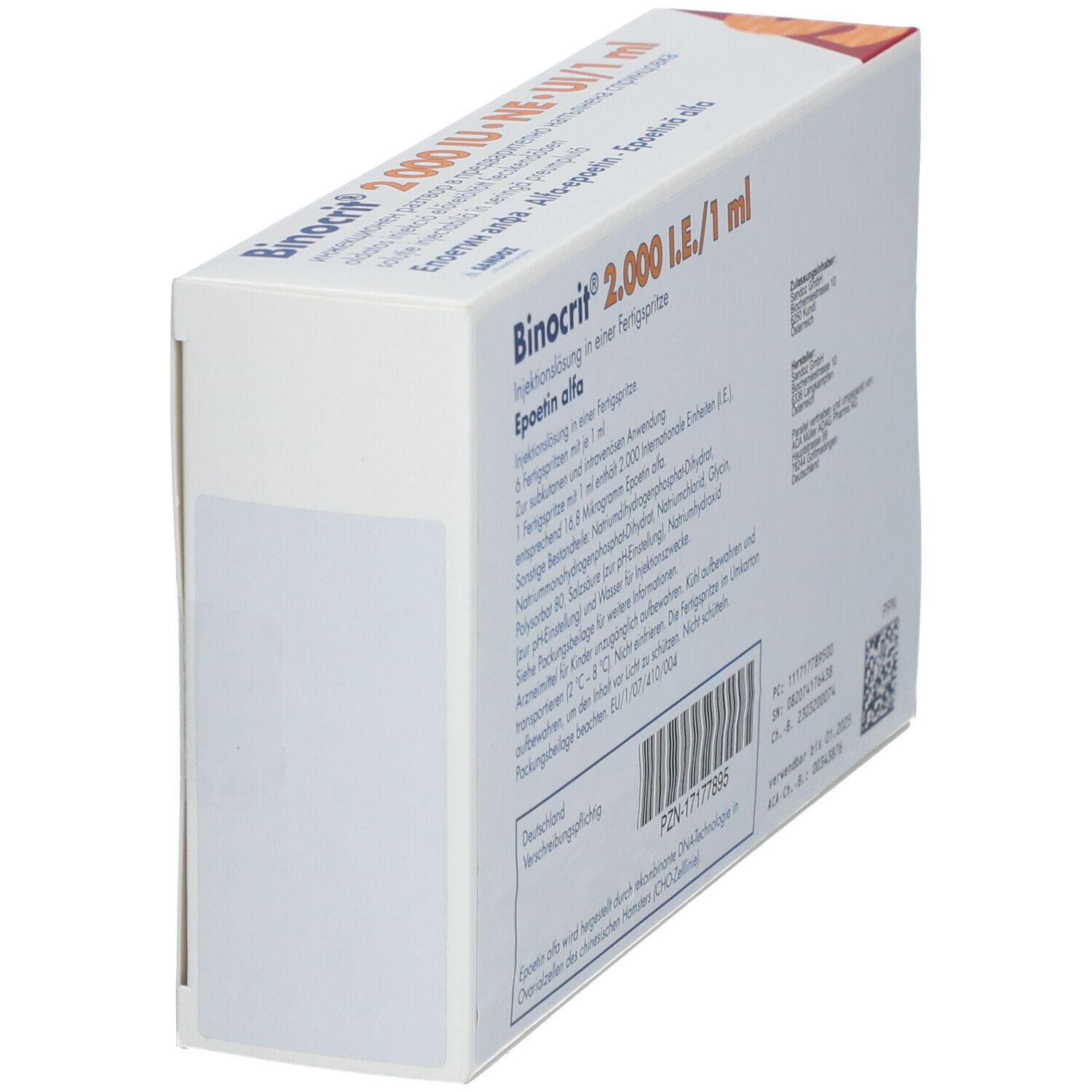 Schrägansicht der BINOCRIT-Verpackung. Text in Deutsch. Produktinformationen und Herstellerdetails.