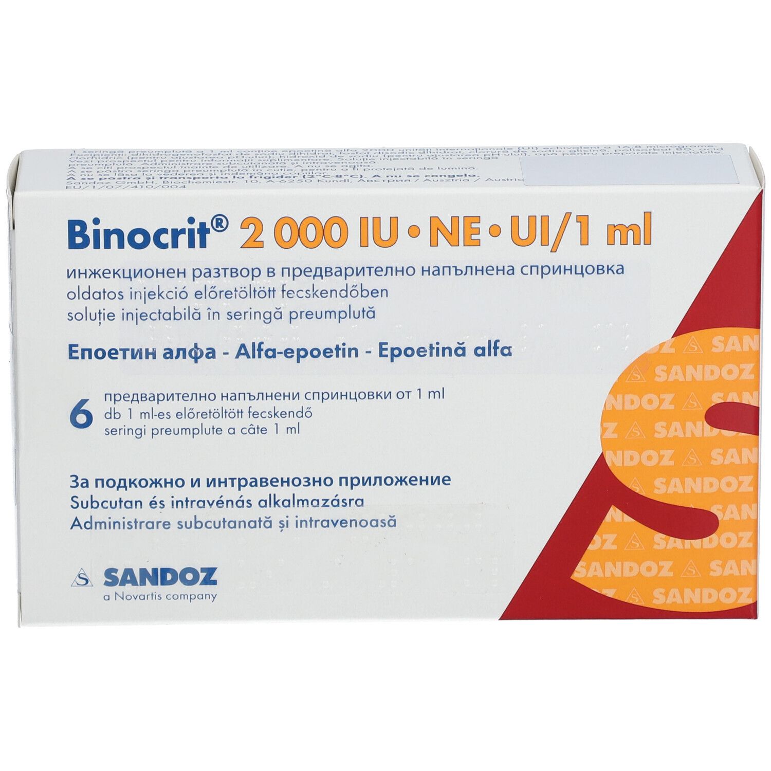 Packung BINOCRIT 2.000 I.E./1 ml. 6 Fertigspritzen. Weiß, rot und orangefarben. SANDOZ Logo. Text in mehreren Sprachen.