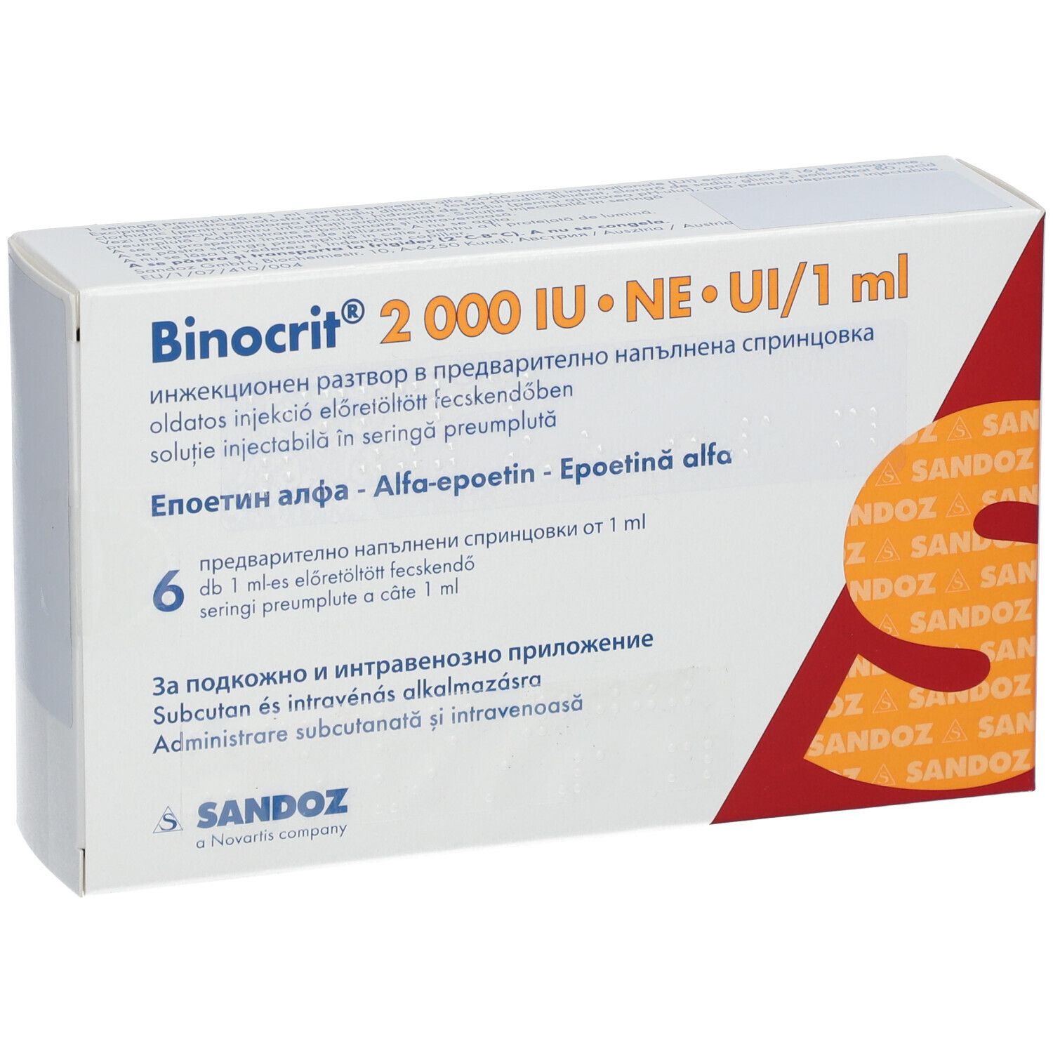 Packung BINOCRIT 2.000 I.E./1 ml. 6 Fertigspritzen. Weiß, rot und orangefarben. SANDOZ Logo. Text in mehreren Sprachen.