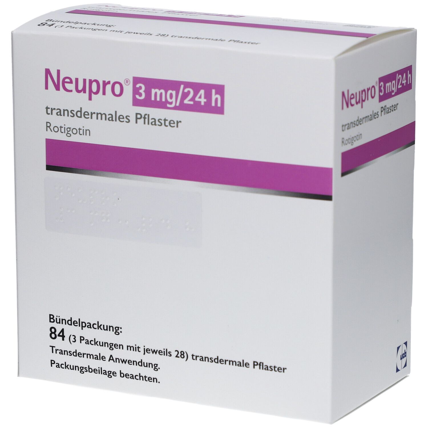 Weiße Faltschachtel mit Aufdruck. Oben: "Neupro 3 mg/24 h transdermales Pflaster". Text in Lila. Bündelpackung.