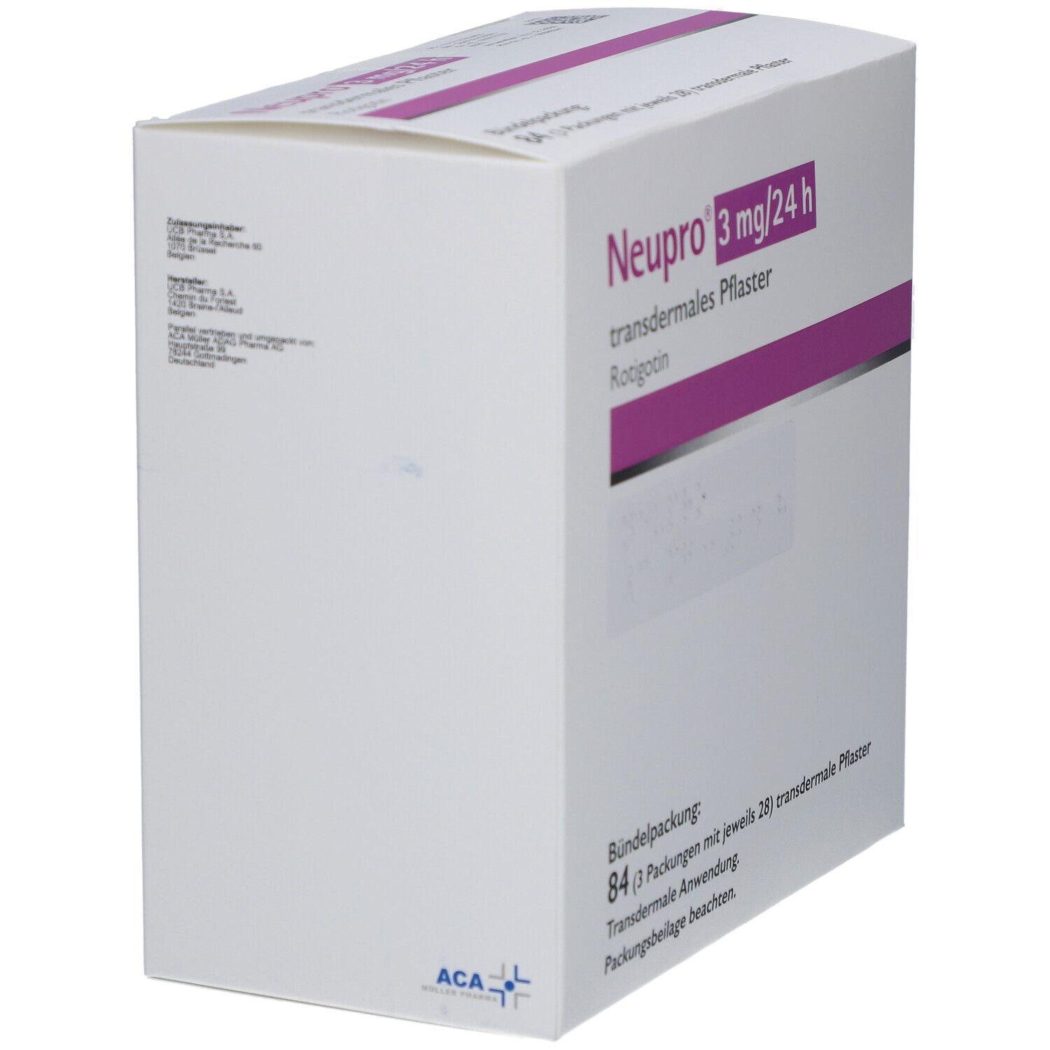 Weiße Faltschachtel mit Aufdruck. "Neupro 3 mg/24 h transdermales Pflaster" in Lila. Aufdrucke auf der Seite und unten.