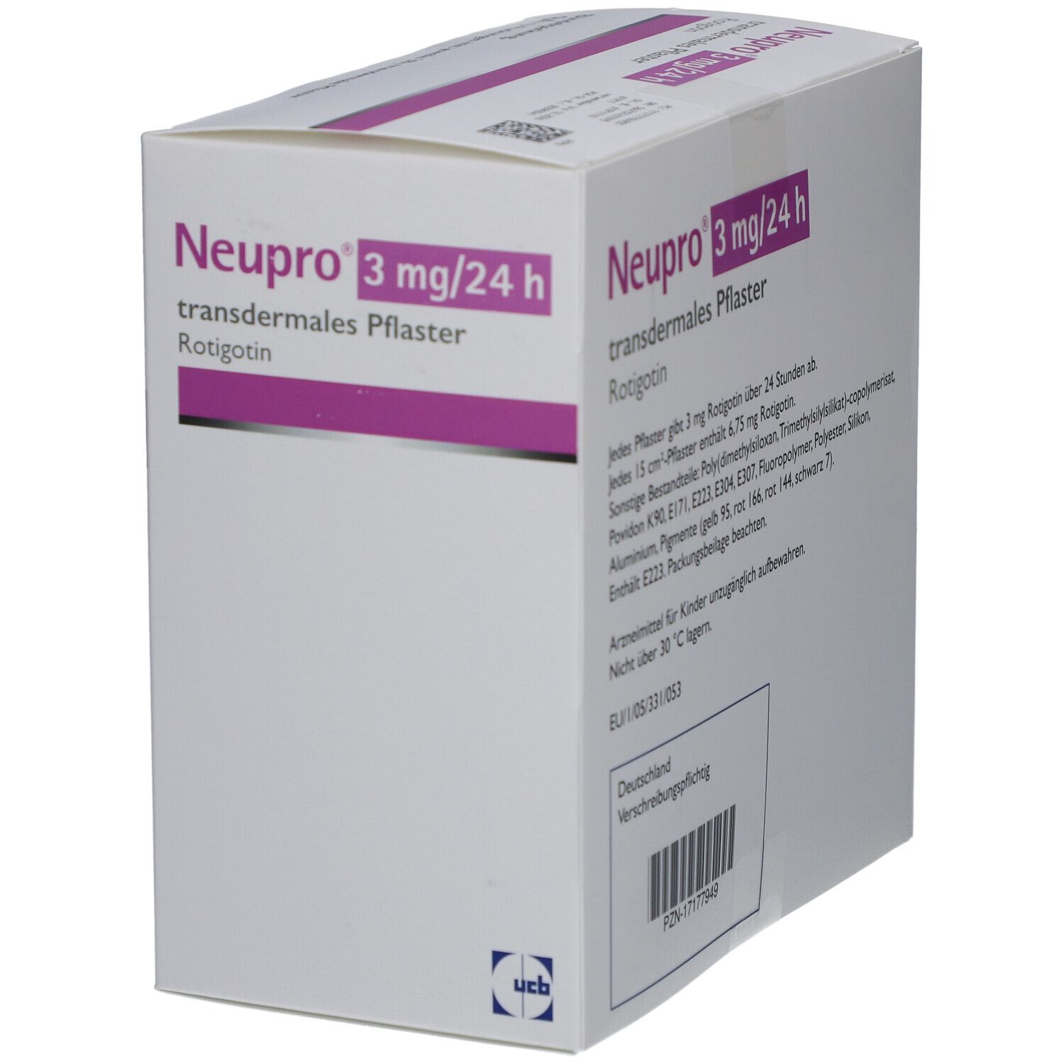 Weiße Faltschachtel mit Aufdruck. "Neupro 3 mg/24 h transdermales Pflaster" in Lila. Aufdrucke auf der Seite.