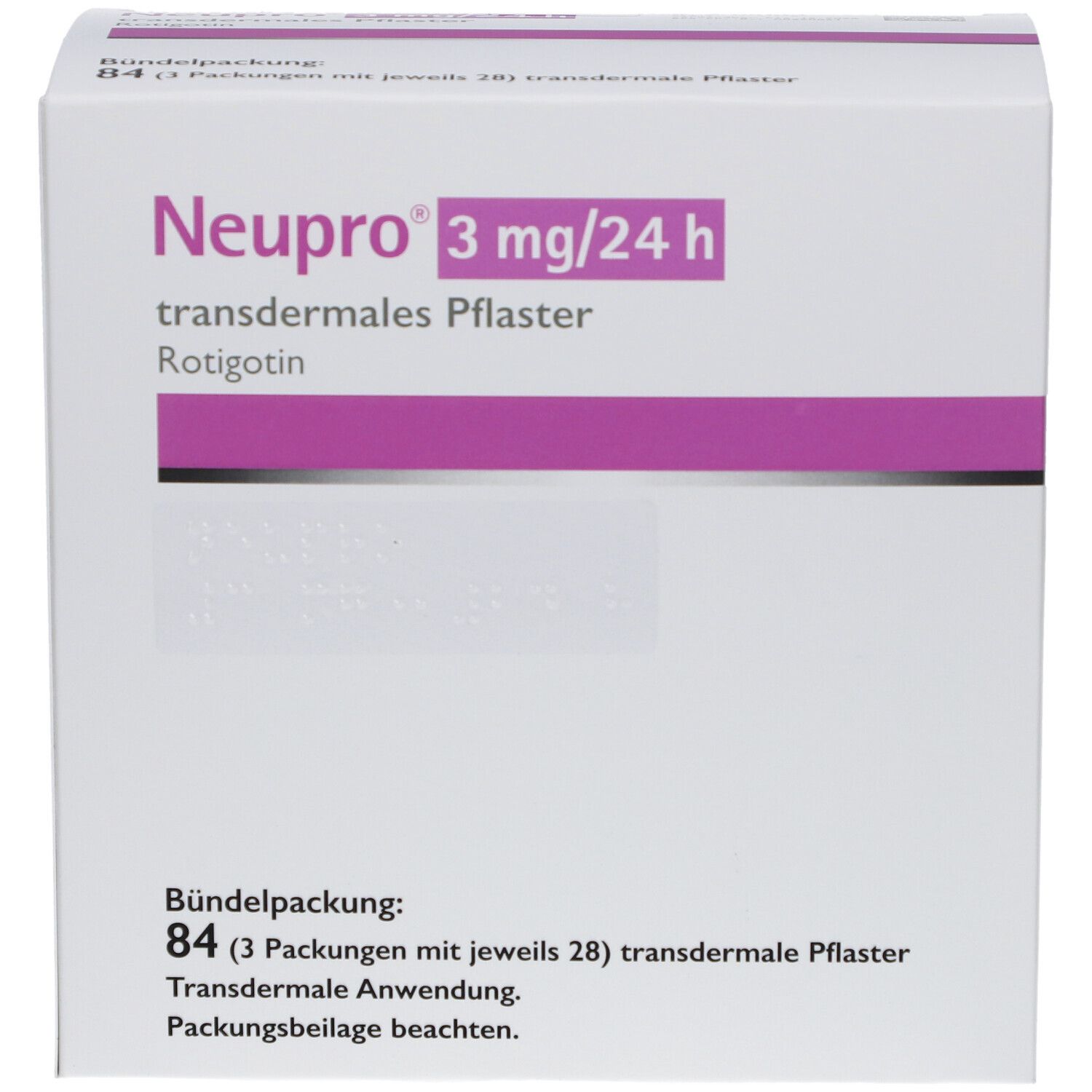 Weiße Faltschachtel mit Aufdruck. "Neupro 3 mg/24 h transdermales Pflaster" in Lila. Bündelpackung mit Text.