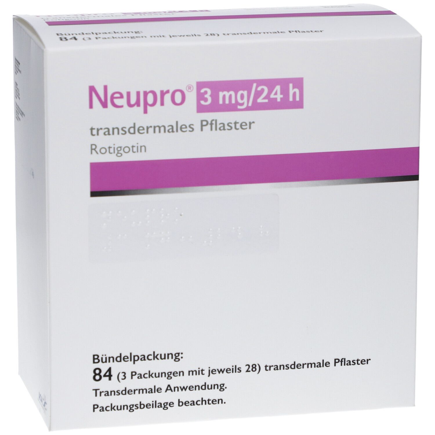 Weiße Faltschachtel mit Aufdruck. "Neupro 3 mg/24 h transdermales Pflaster" in Lila. Bündelpackung mit Text.