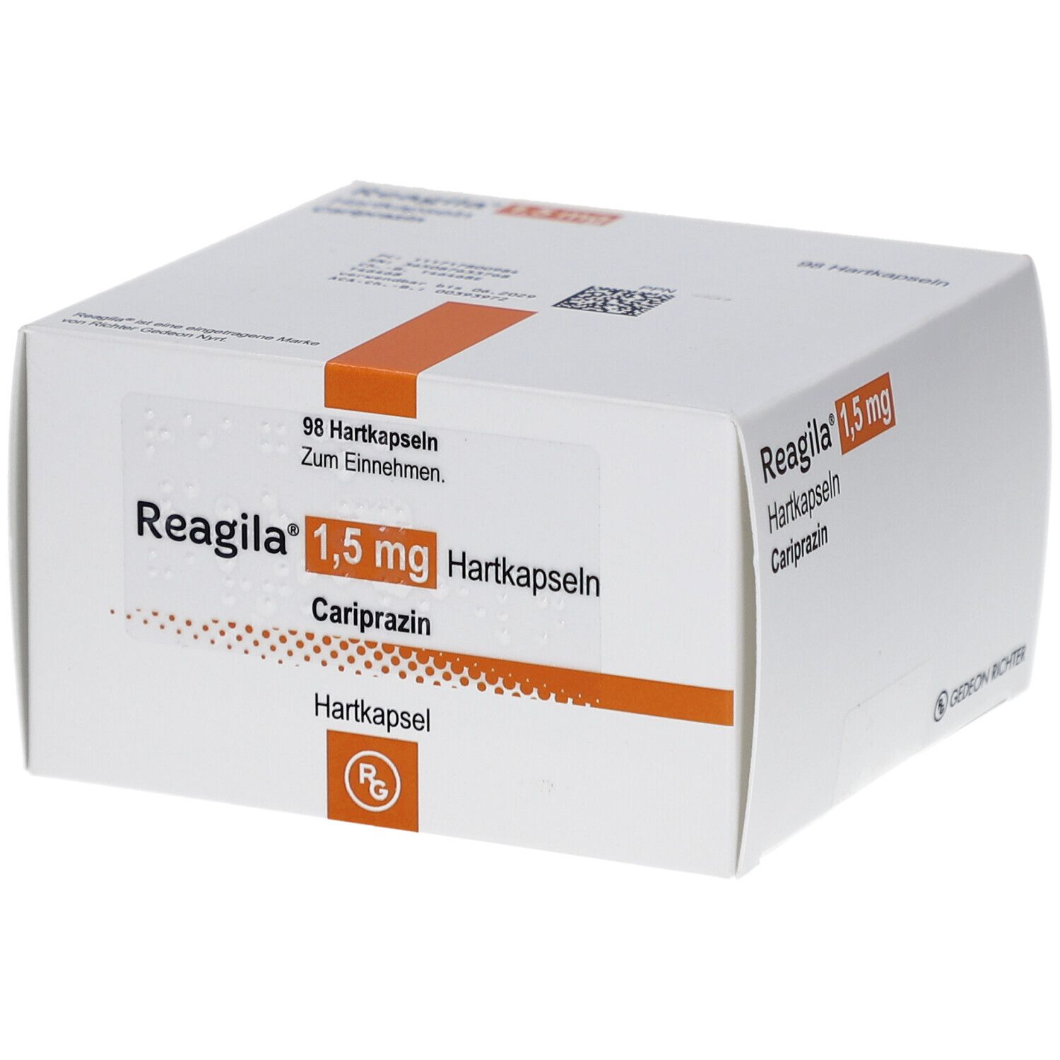 Weiße Faltschachtel mit orangefarbenem Streifen. Beschriftung: Reagila 1,5 mg Hartkapseln, Cariprazin. 98 Hartkapseln.